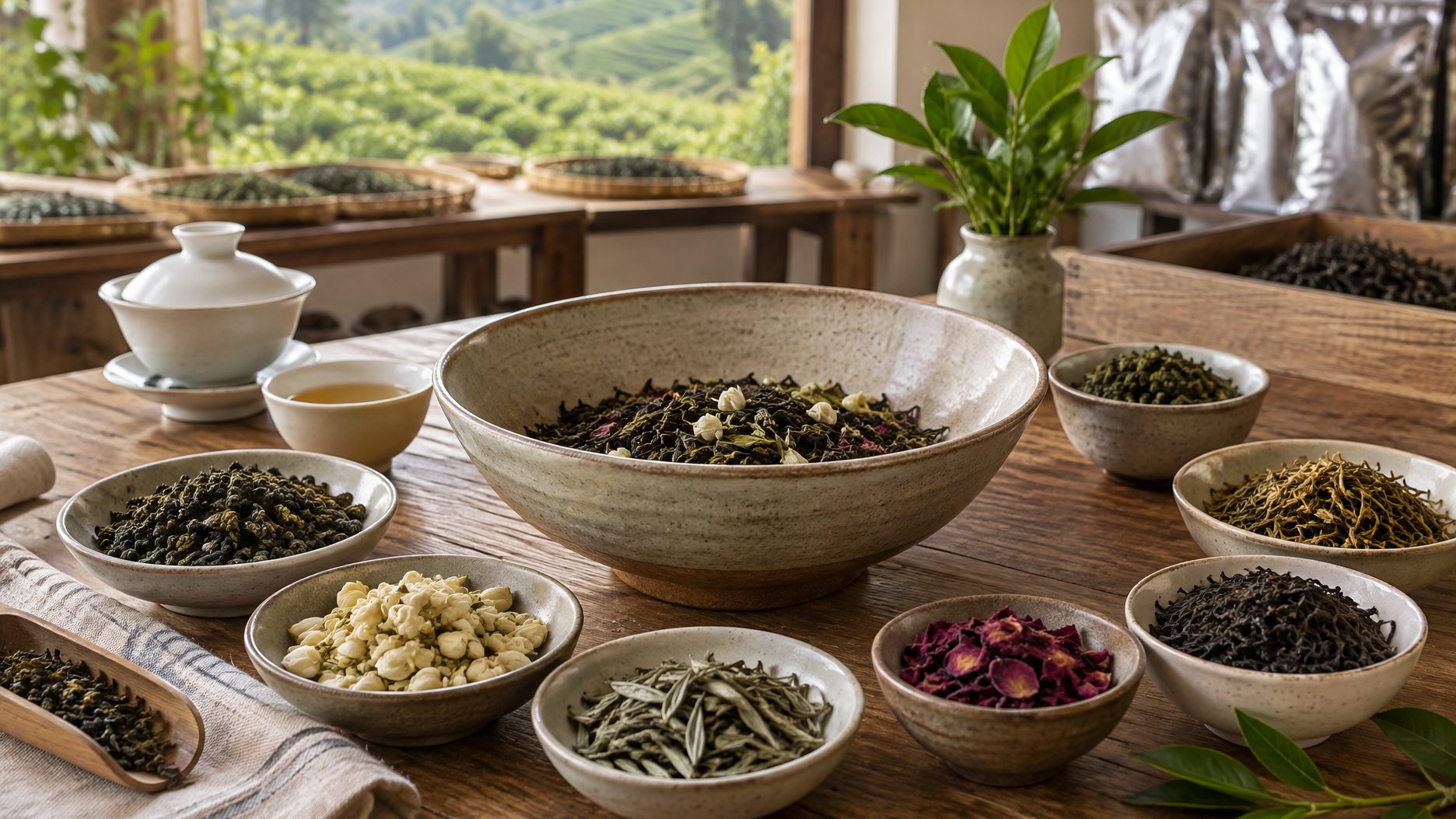 Tea blending bench with weighed component teas, trial bowls and a cup profile brief sheet