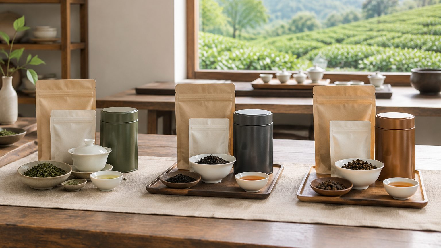 Five tea program scenario cards laid out with sample cups, spec sheets and pyramid bags on a tasting table