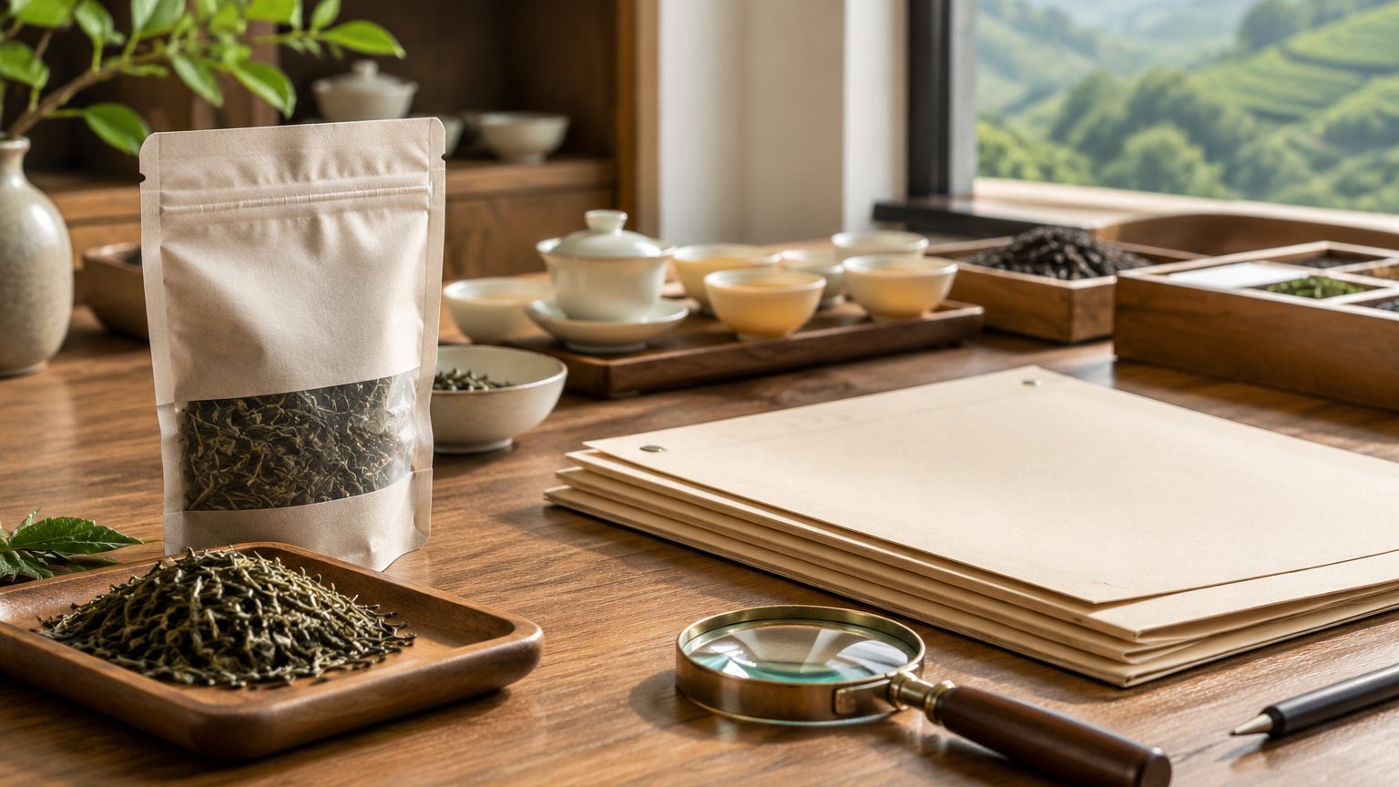 Stack of compliance certificates and lab reports beside sealed tea samples on an office desk