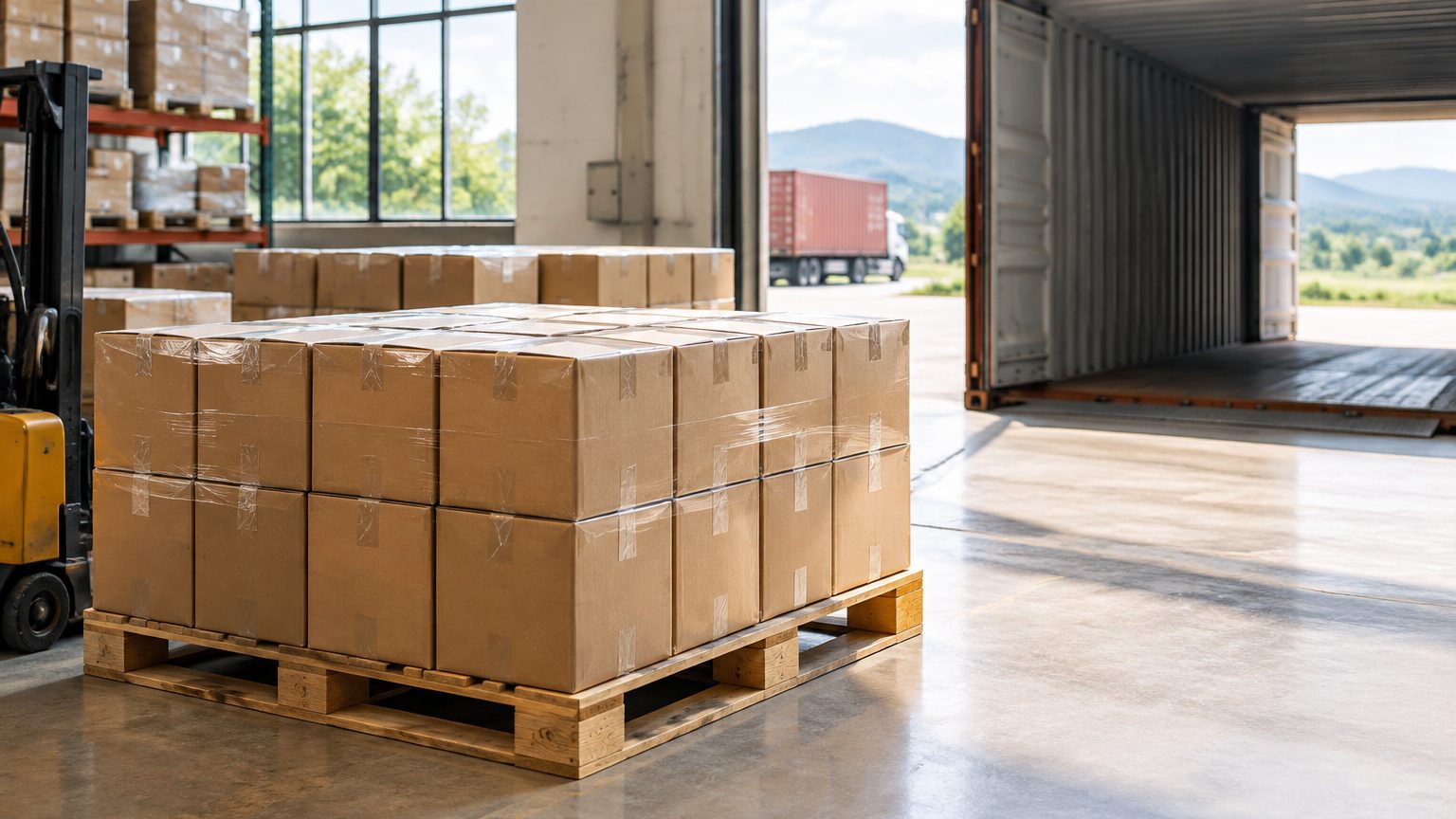 Foil-lined tea cartons being sealed and palletized for export shipping at a packing facility