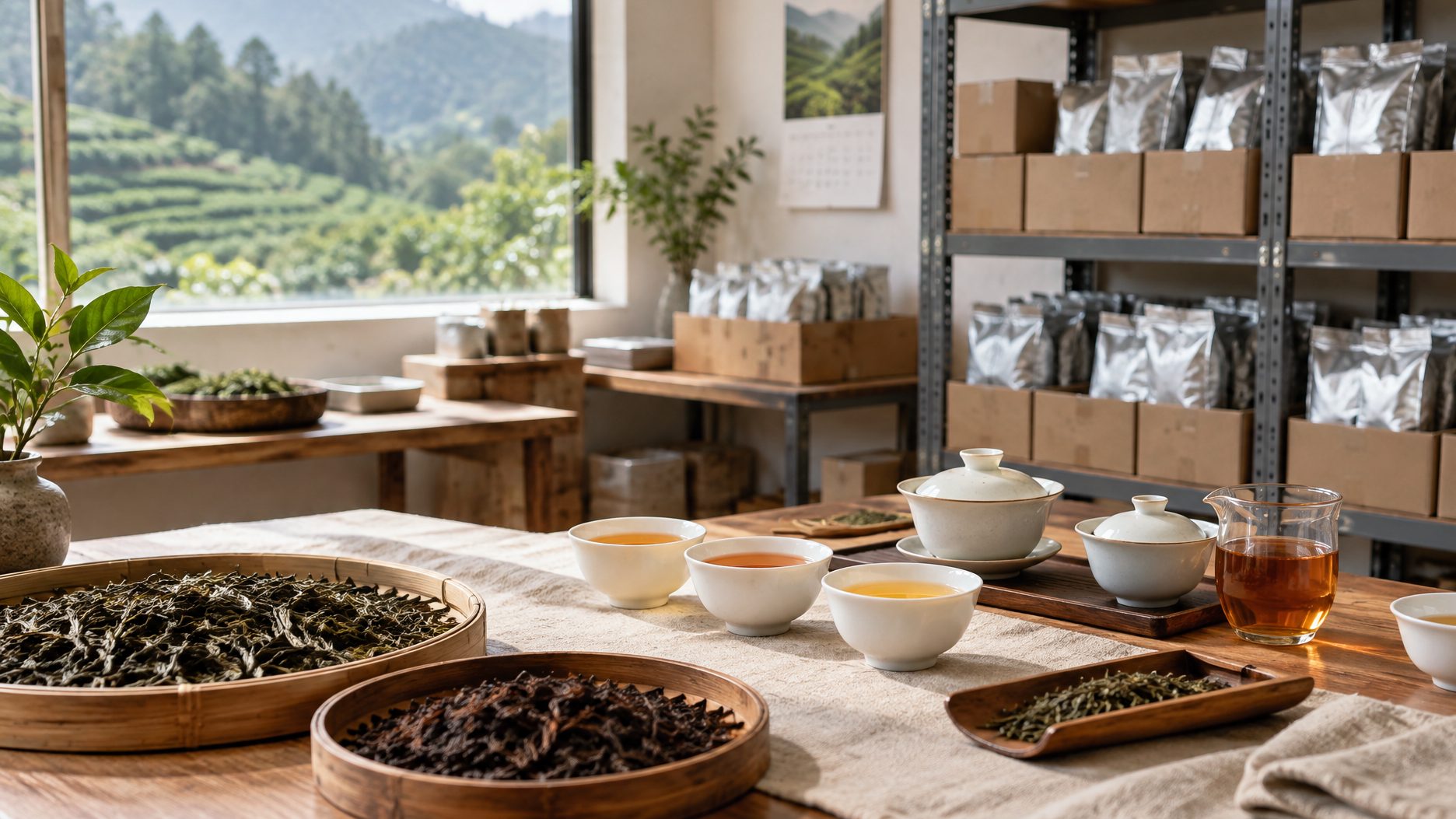 Planning board with tea production schedule, sample calendar and MOQ reference sheets at a sourcing desk