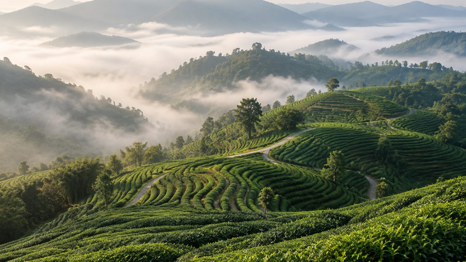 Map-style illustration of Chinese tea origin regions with tea leaf trays from Zhejiang, Fujian and Yunnan