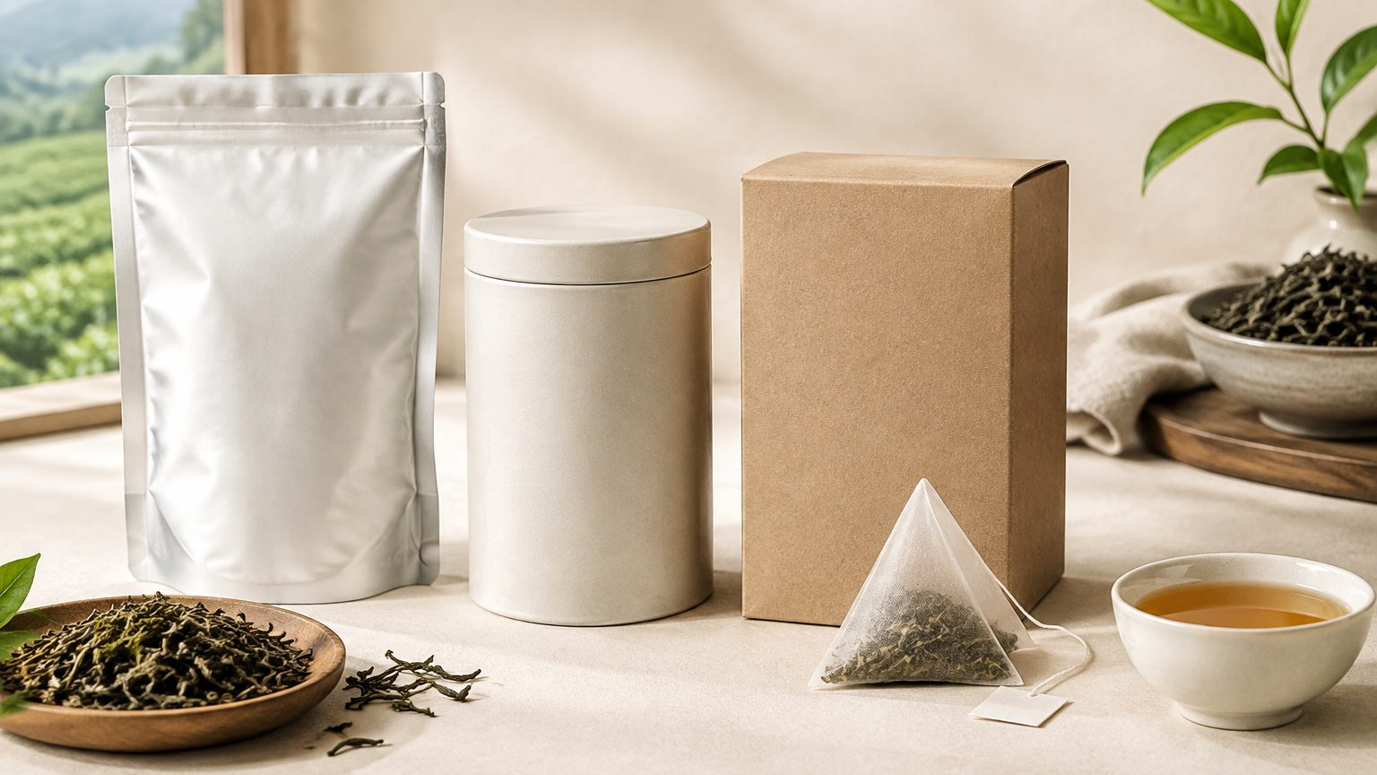 Tea packaging options line-up: foil-lined bulk carton, alu pouches, tin, gift box and pyramid bag sachets