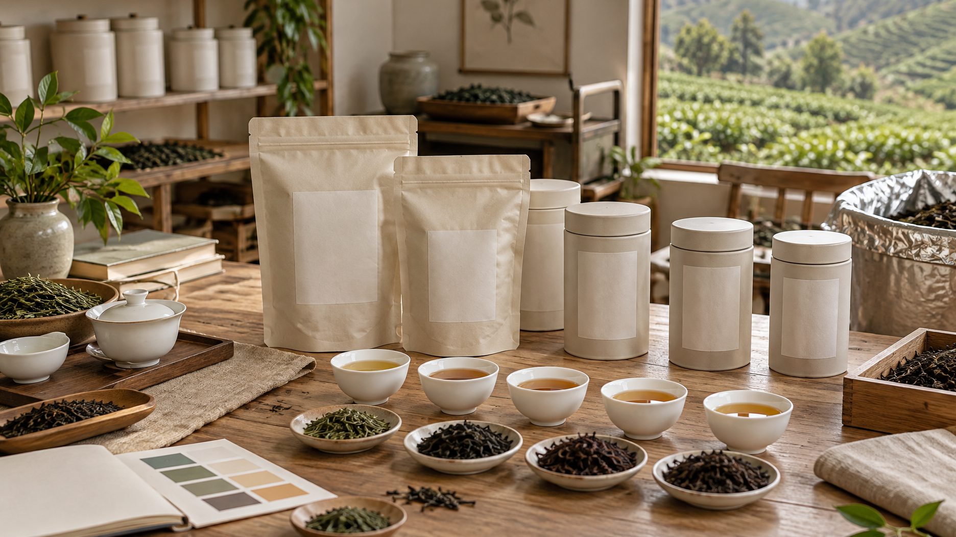 Custom branded tea pouches and tins with logo artwork laid out next to proof sheets