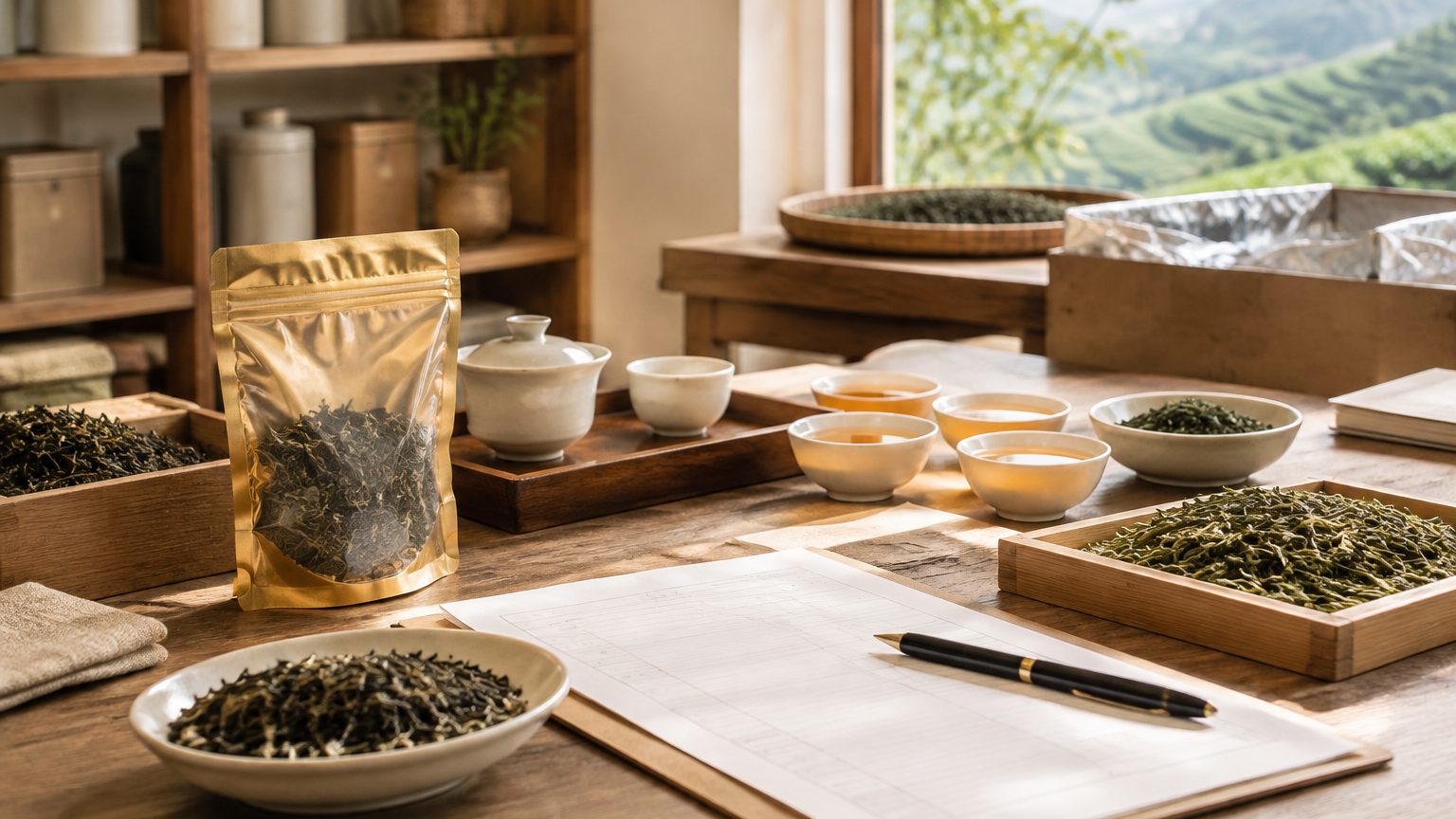 Eleven-step tea procurement flowchart pinned above a desk with spec sheets and sample tins