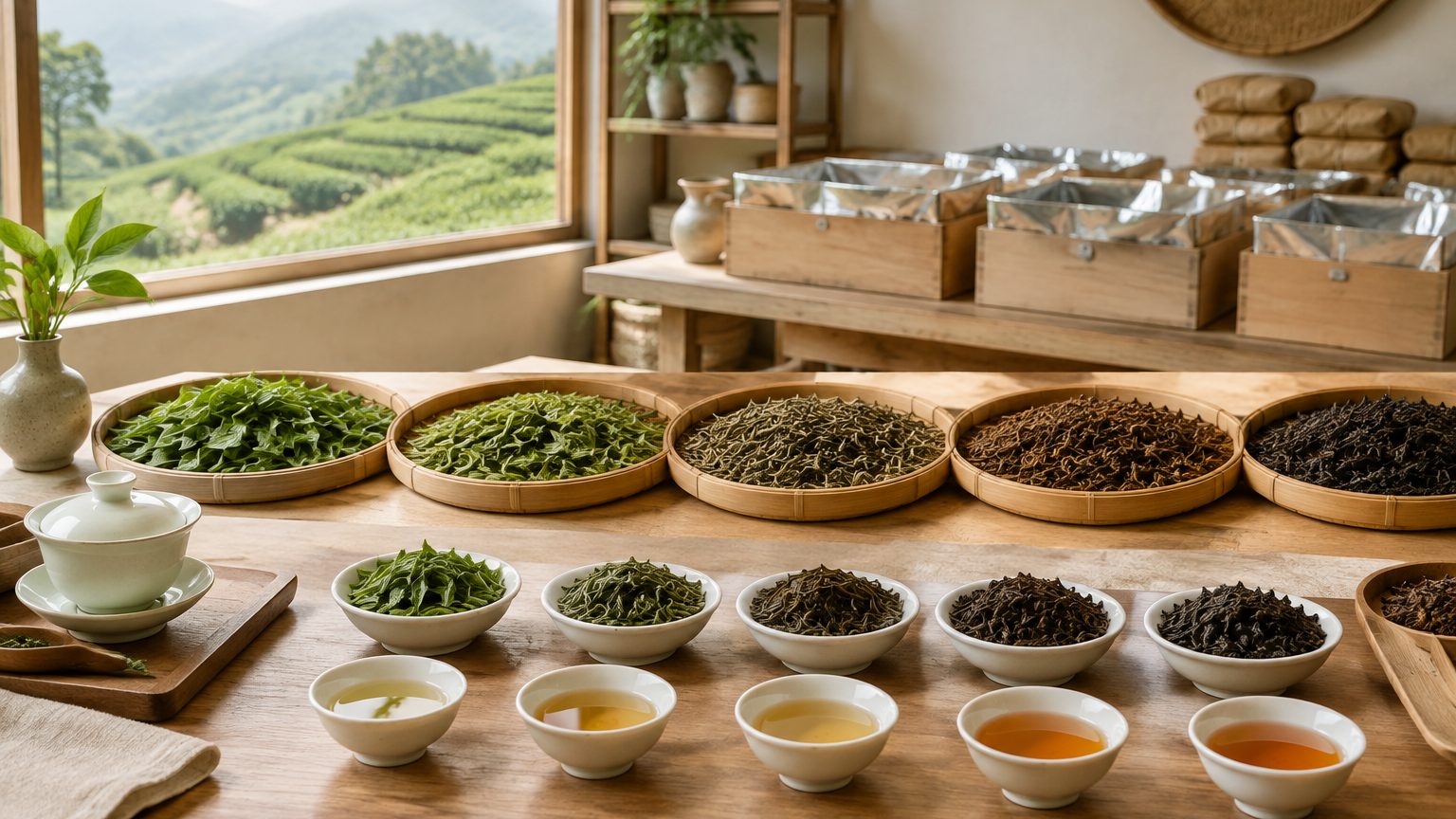 Tea processing steps shown as withering trays, fixing wok, rolling machine and drying beds in sequence