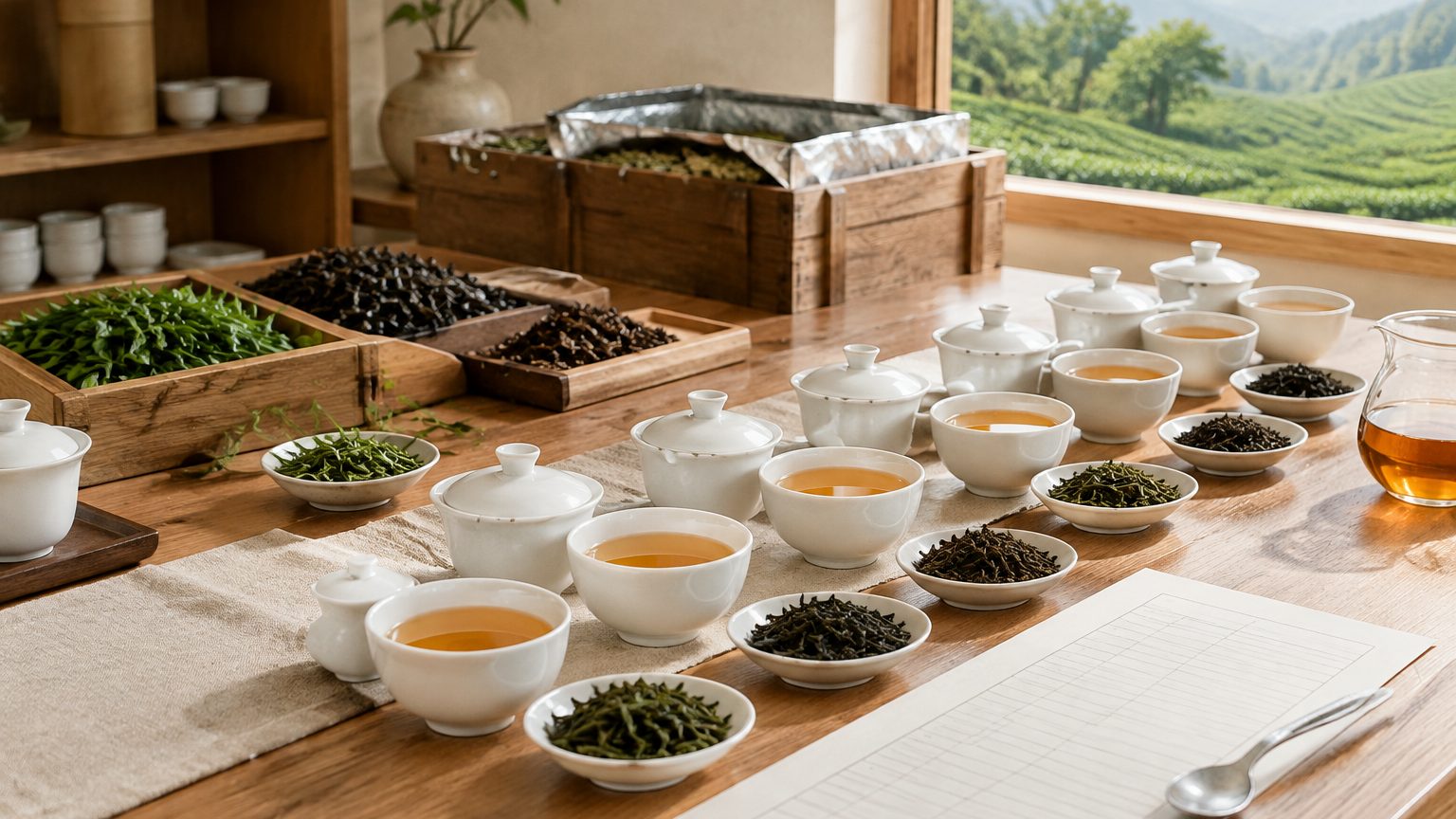 Cupping table with tasting bowls, spoons and score sheets during tea quality evaluation
