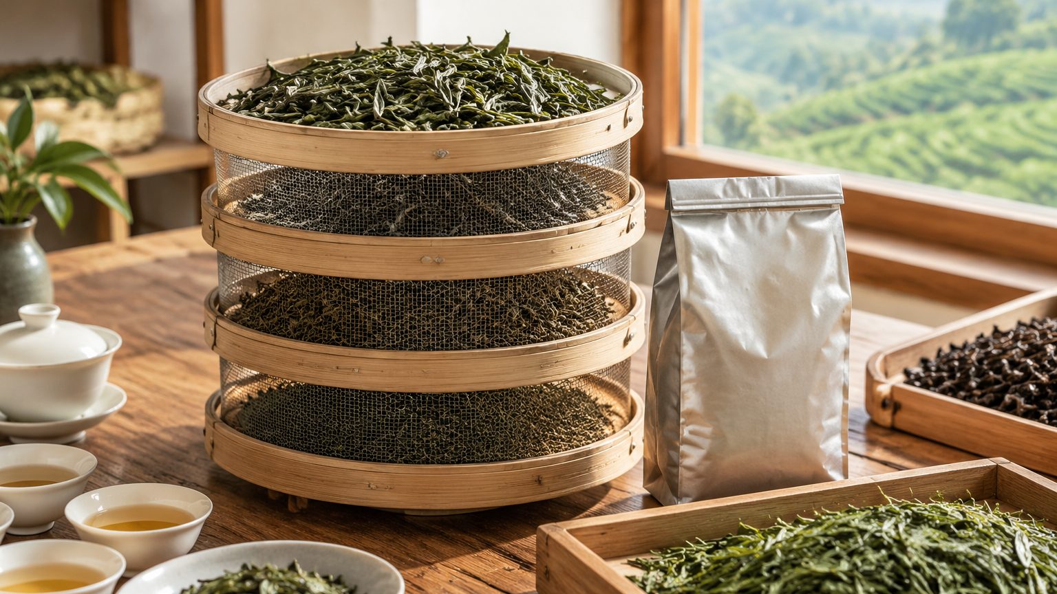 Sorted tea leaf grades in labeled trays beside sealed foil storage packs and a lot record sheet