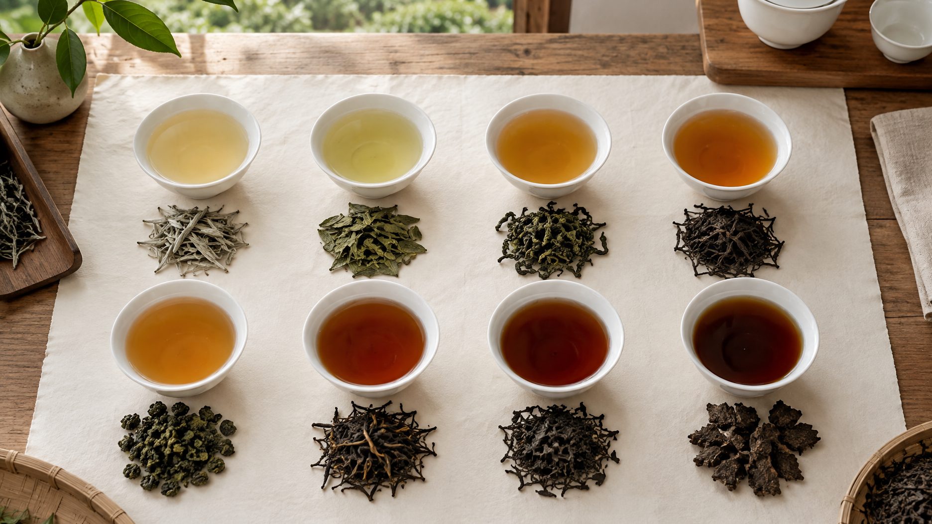 Cupping table with eight teas brewed side by side on a tasting sheet
