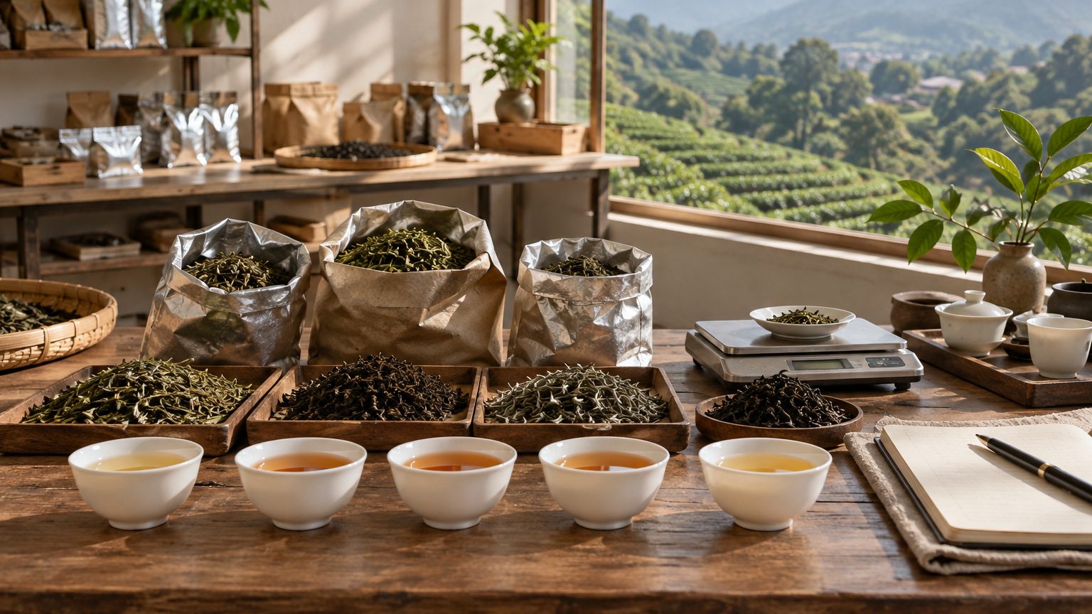 Tea sourcing desk with sample trays, cupping bowls and spec sheets under a window