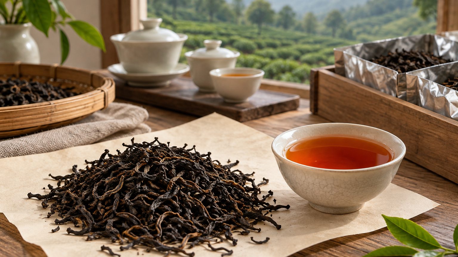 Black tea category scene with orthodox leaf, CTC granules and a red-orange liquor in tasting bowls