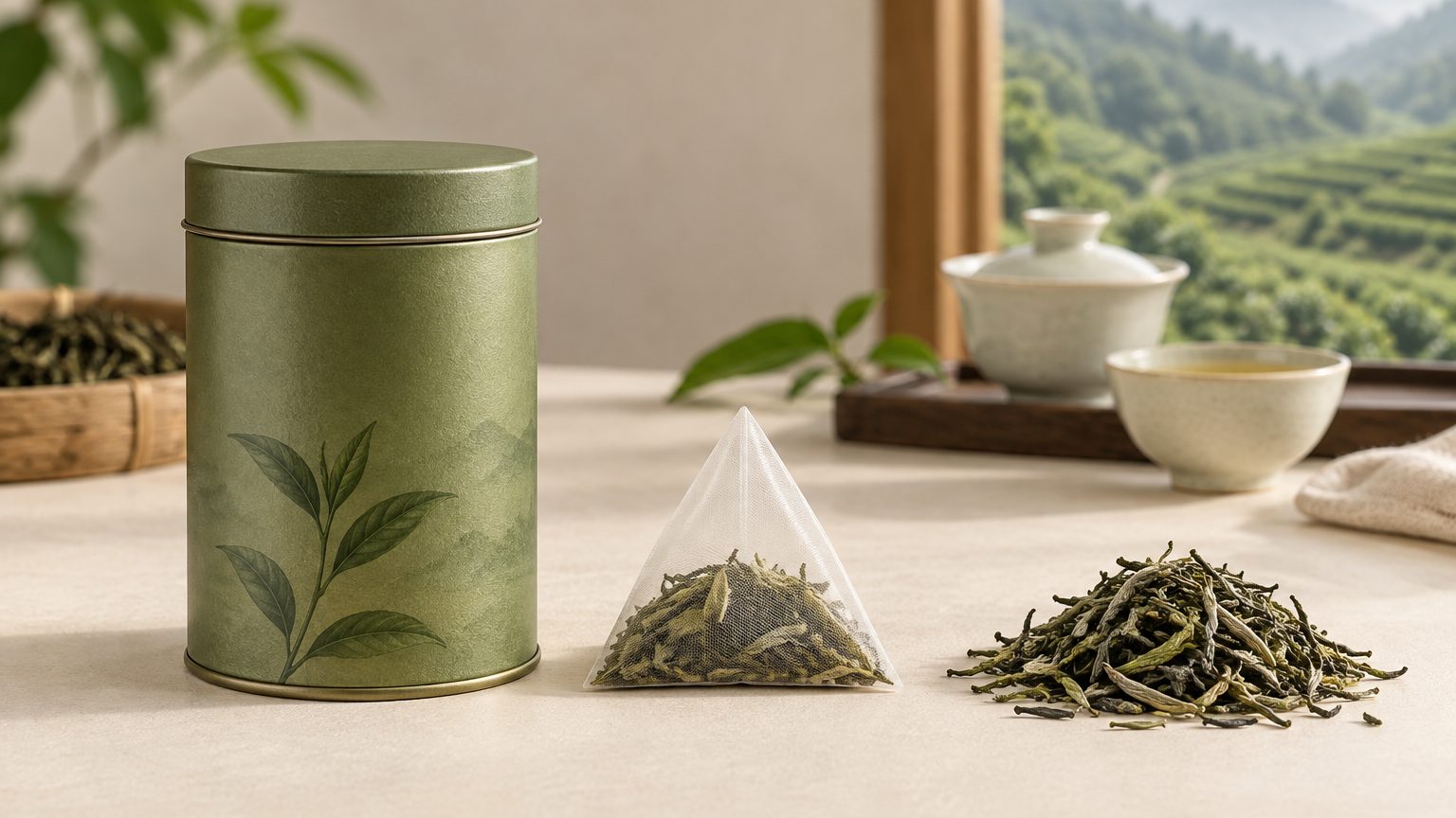 Tea wholesale FAQ at the sourcing desk: cupping bowls, sample bags and a printed spec sheet side by side