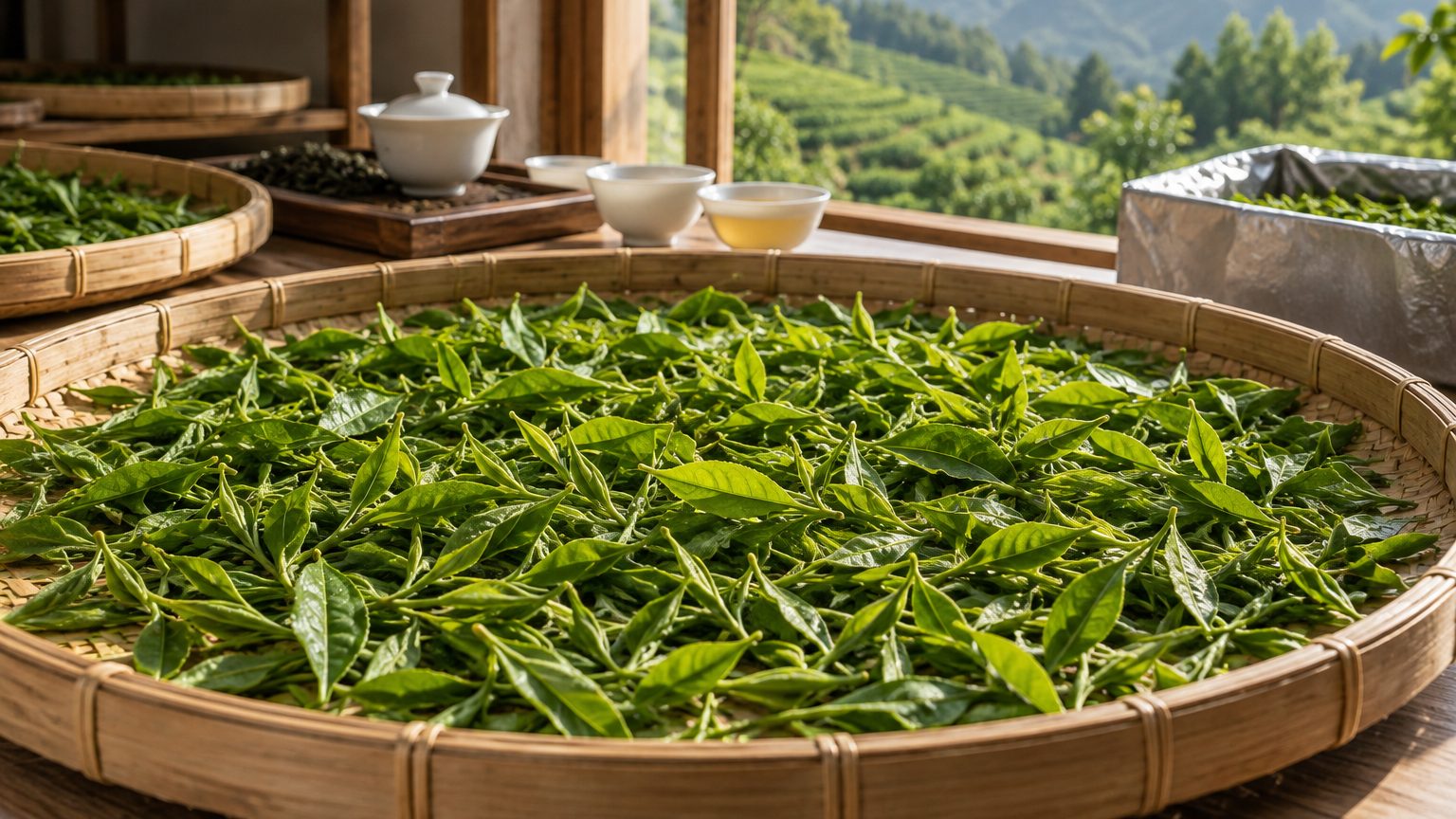 Fresh green tea leaves spread on a withering tray at a partner garden