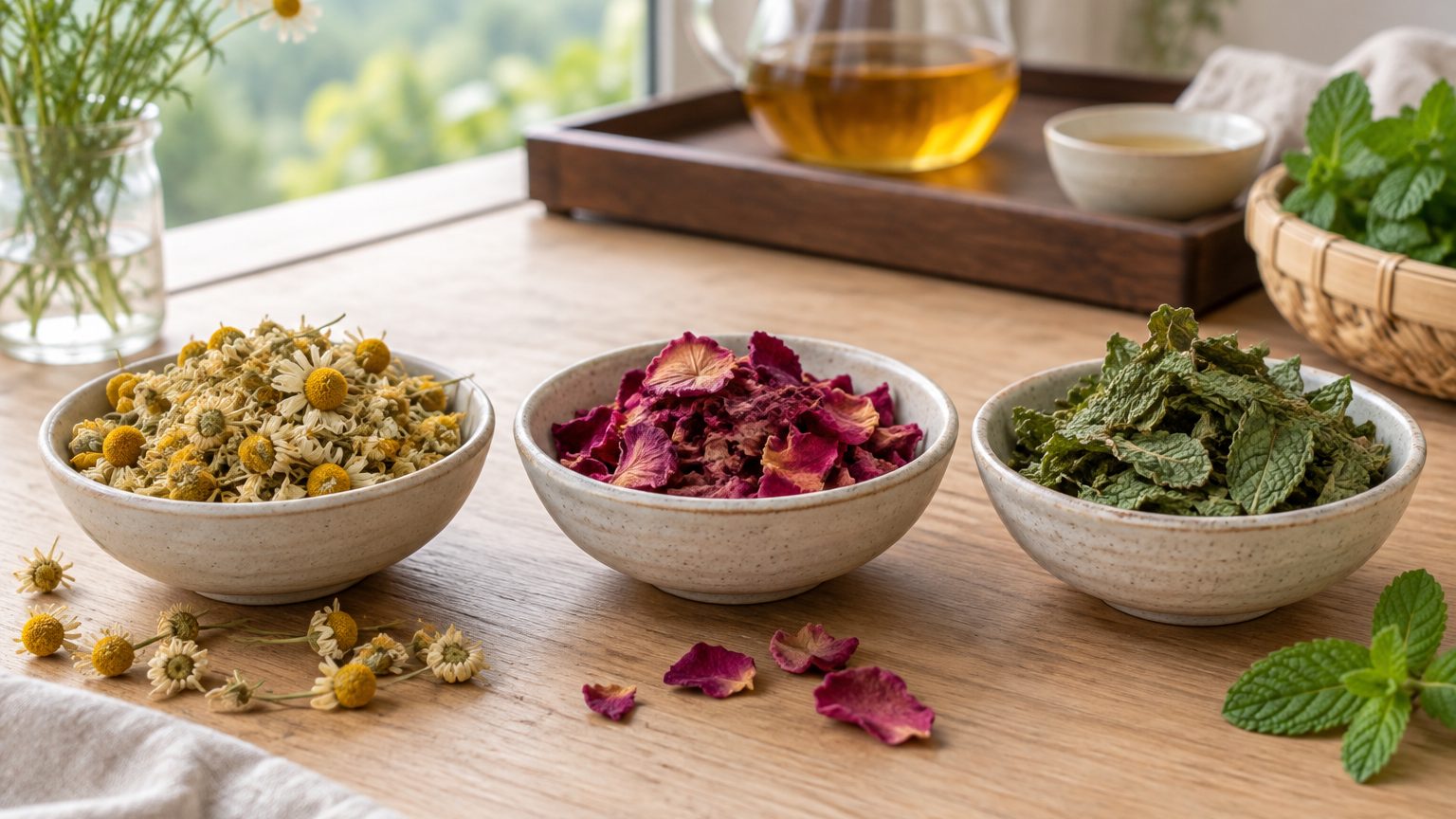 Dried chamomile flowers, rose petals and mint leaves in small bowls on a light wooden tasting table
