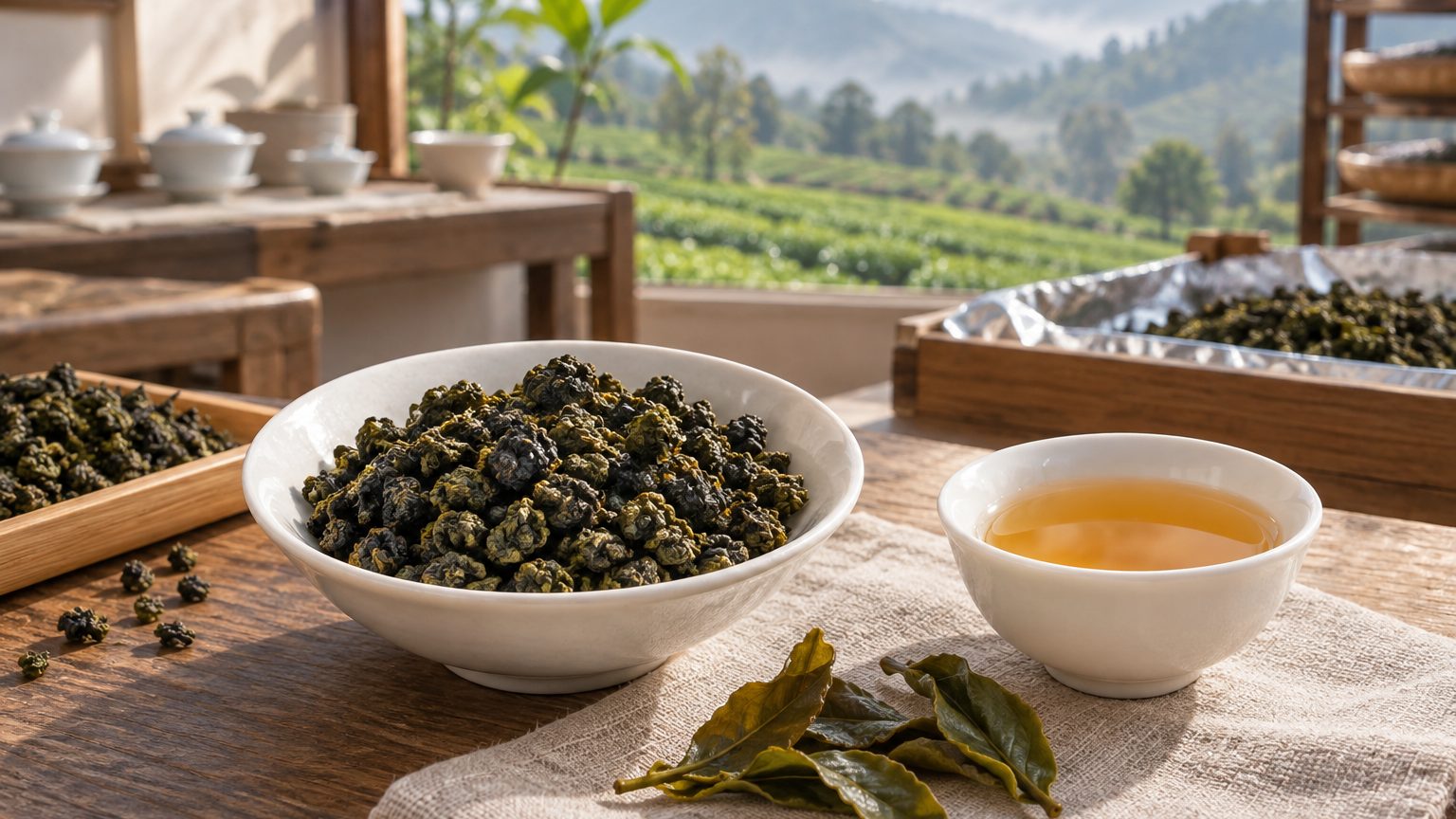 Rolled oolong tea granules and twisted strip leaves side by side with amber liquor on a tasting sheet