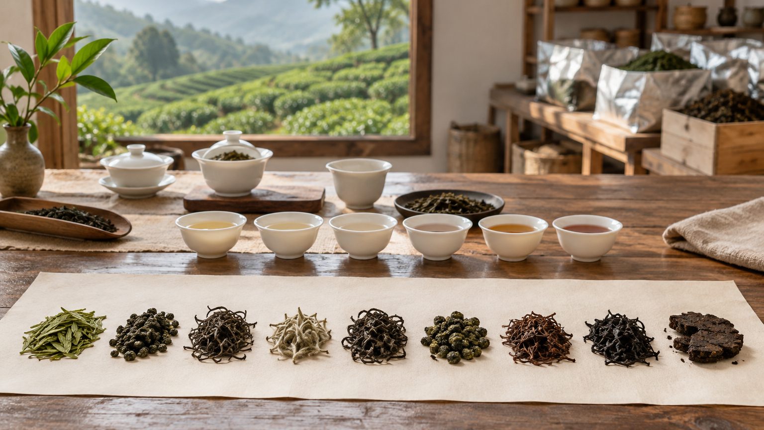 Wholesale tea catalog flat lay: green, white, oolong, black and pu-erh dry leaves on a tasting sheet