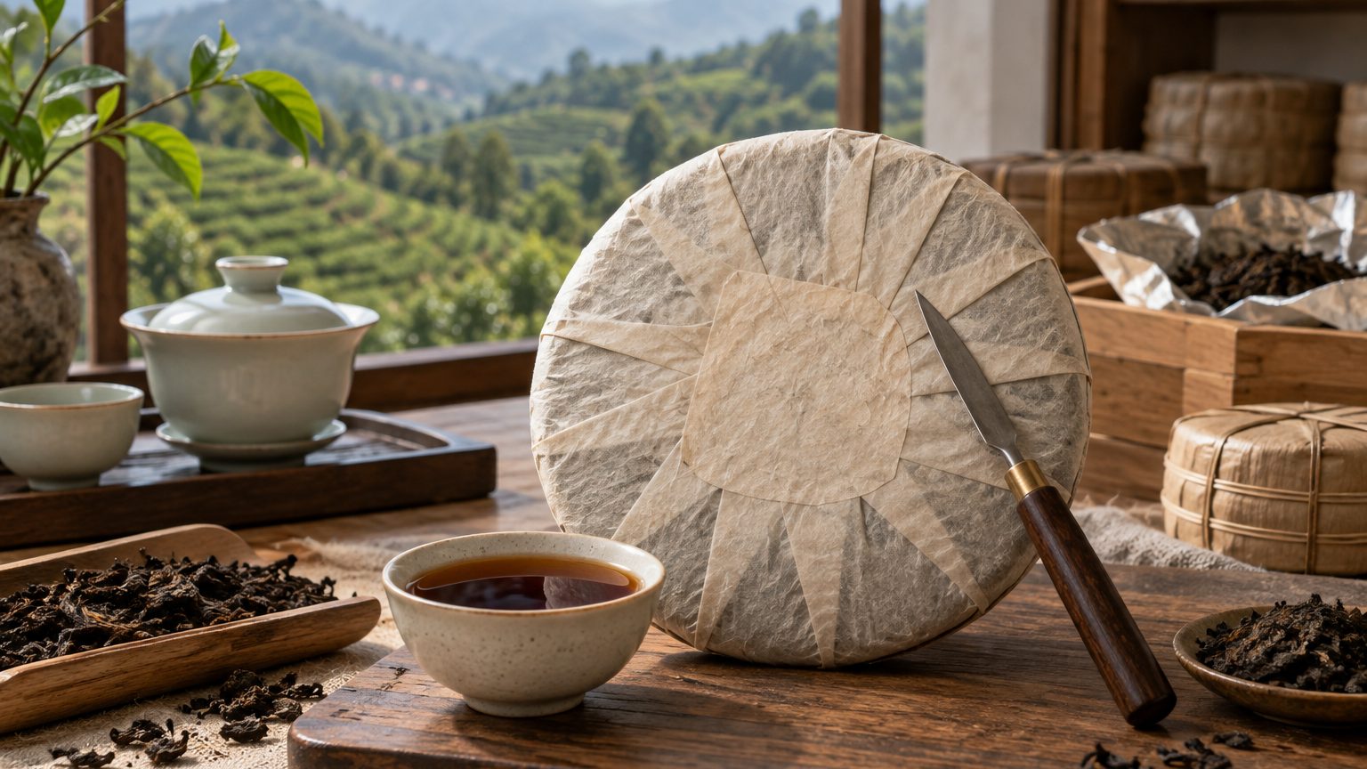 A wrapped pu-erh tea cake with a tea knife and a cup of dark chestnut liquor on a wood counter