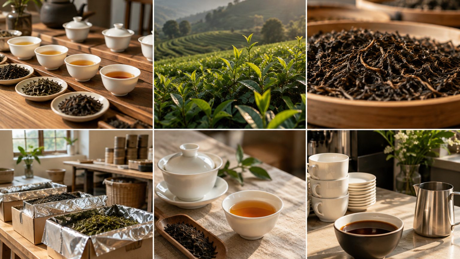 Five tea sourcing programs laid out as tasting trays, pouches, pyramid bags and a gift box on a desk
