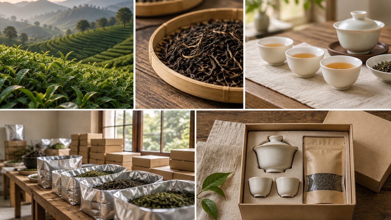 A plain gift box holding a gaiwan, two cups and a pouch of loose tea in kraft and cream tones