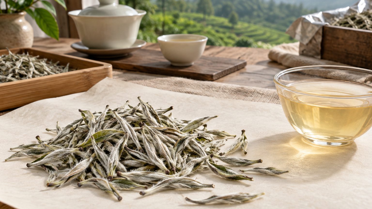 Downy Silver Needle white tea buds spread on cream paper beside a bowl of pale straw liquor
