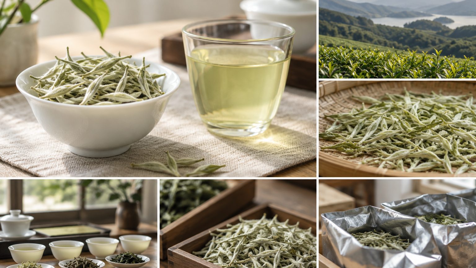 Pale jade dry leaf of Anji white green tea in a glass cupping bowl