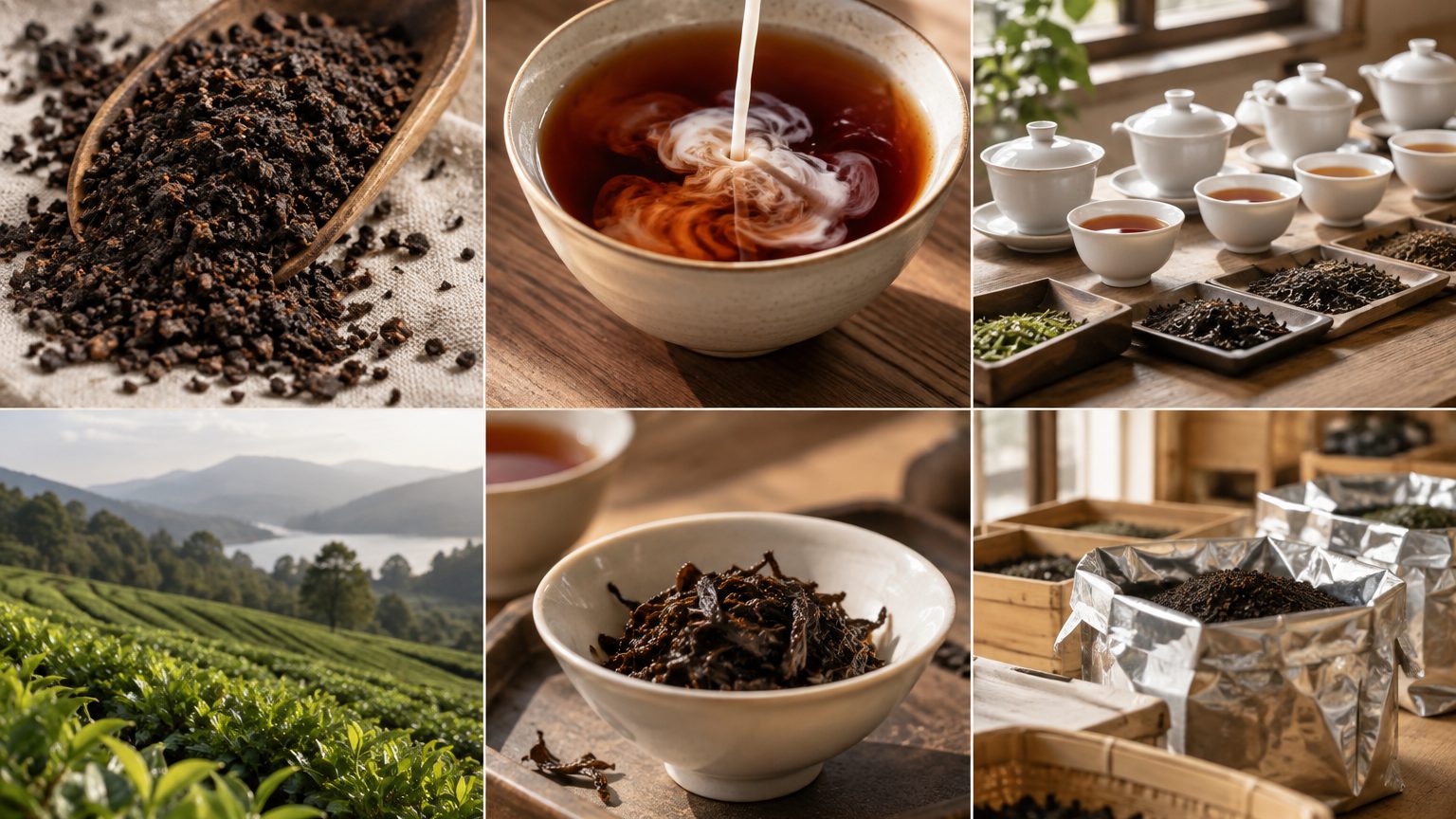 Assam black tea CTC granules and orthodox strips with a deep red-brown liquor in tasting bowls