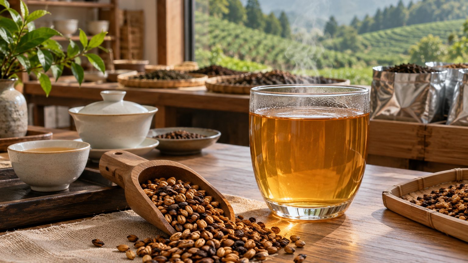 Roasted barley grains for barley tea spilling from a kraft pouch next to an amber pitcher of brewed tea