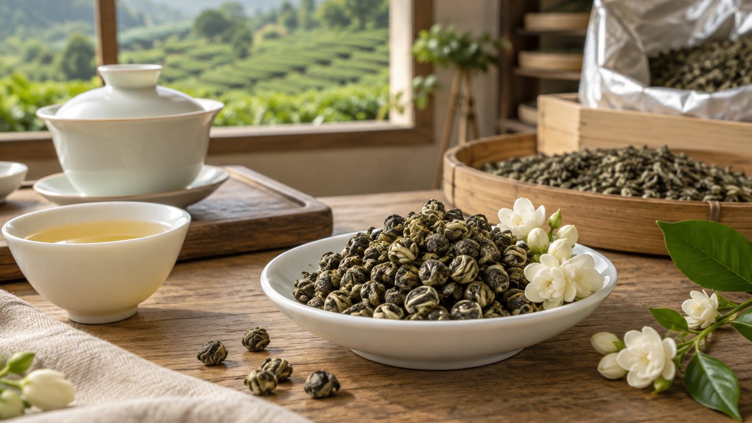 Tight spiral leaves of Biluochun green tea with white down on a tasting sheet