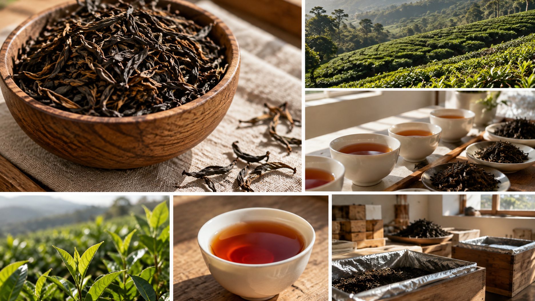 Ceylon black tea strips with a bright red liquor in glass tasting cups on a grading table