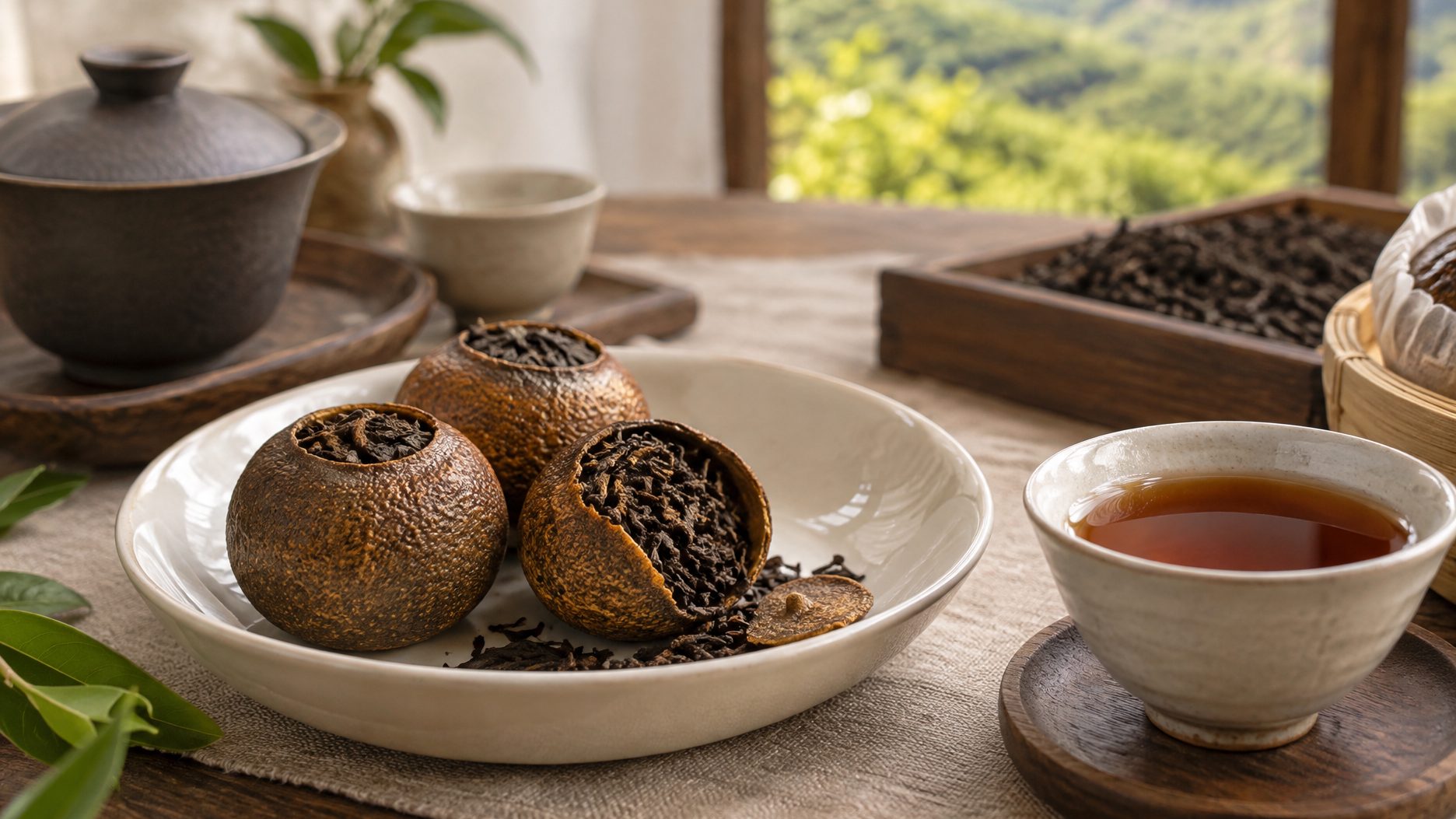 Dried tangerine peels filled with dark ripe pu-erh tea beside a cup of red-brown liquor