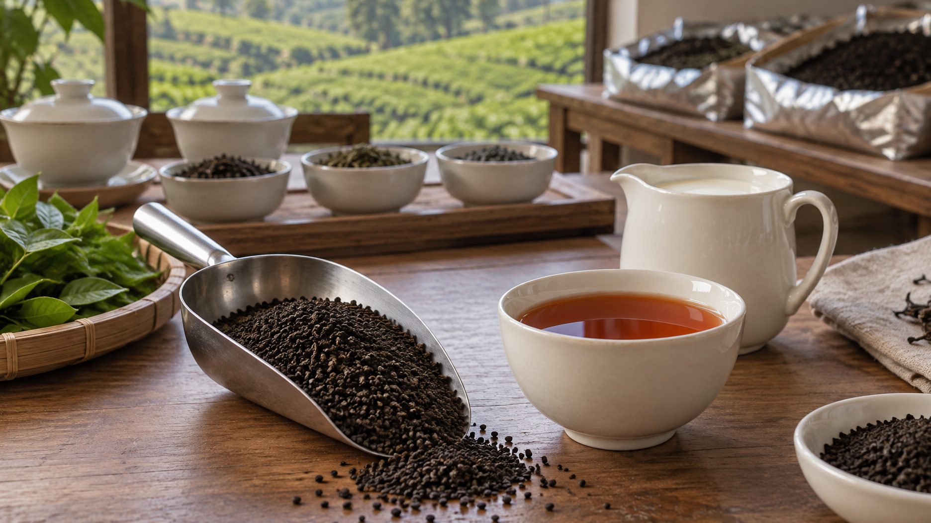 Small dark CTC black tea granules beside a cup of milky bubble tea with tapioca pearls on a counter