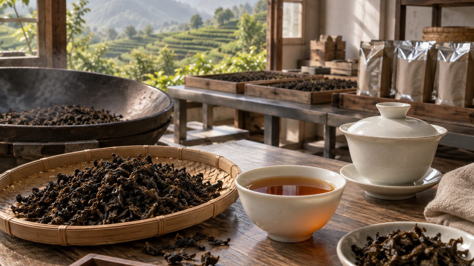 Dark twisted Da Hong Pao rock oolong strips beside a gaiwan of red-orange liquor on slate