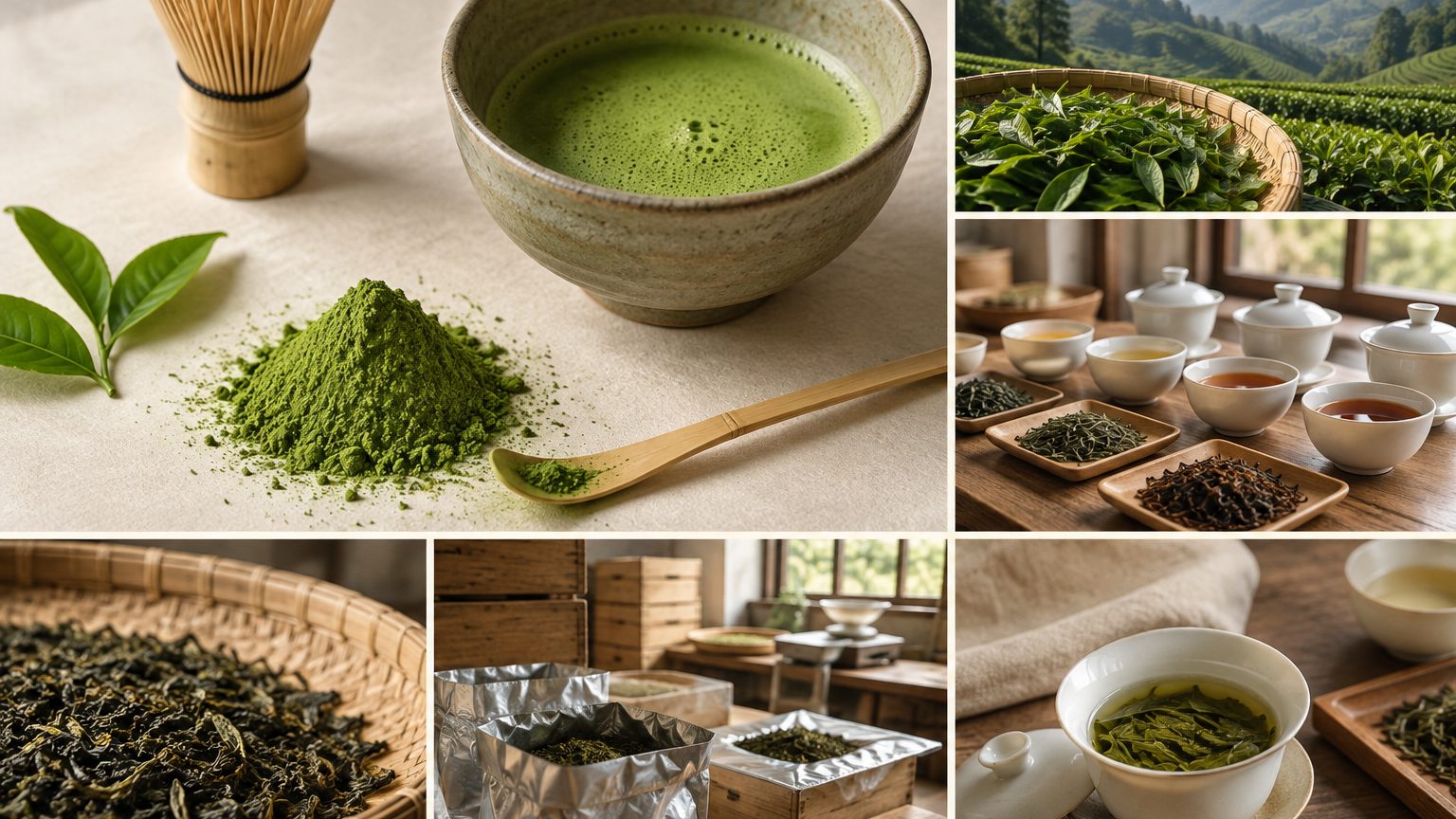 Vivid green food grade matcha powder sifted in a stainless bowl beside a whisk and latte glass