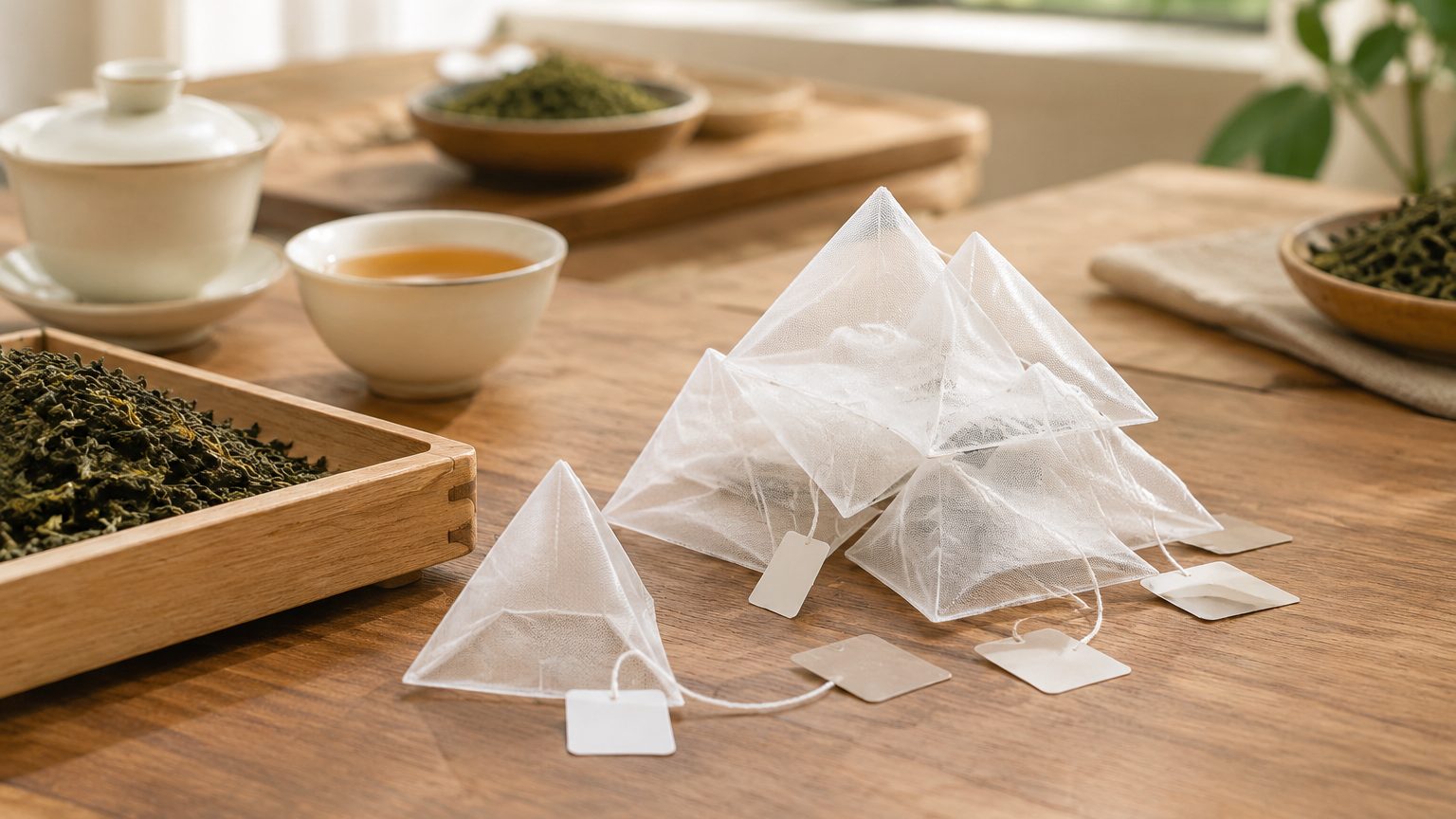 Stack of empty pyramid tea bag filters with strings and blank tags on a filling line workbench