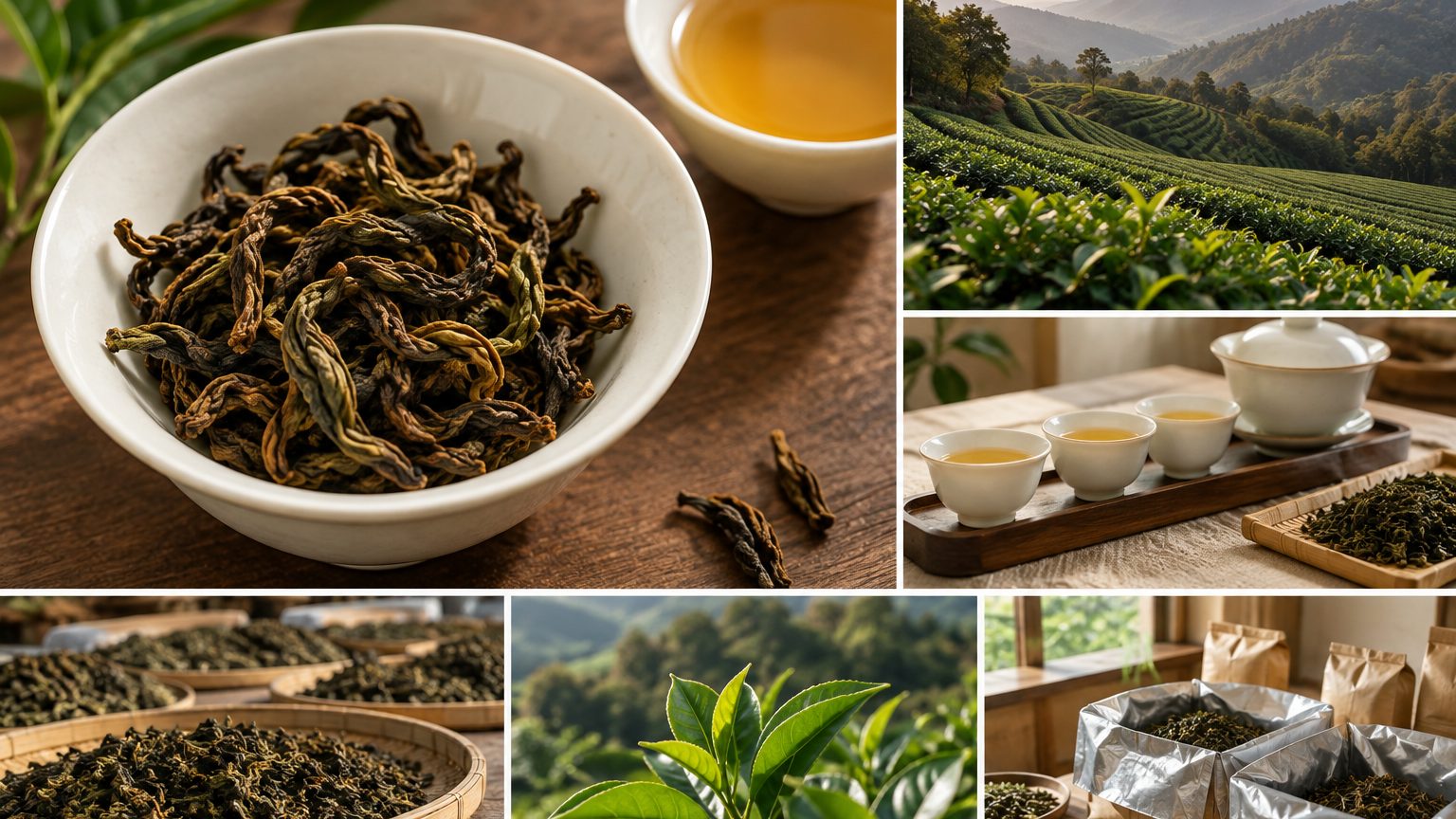 Twisted Fenghuang Dancong oolong strips with golden-amber liquor in a gaiwan on Phoenix Mountain tea tray