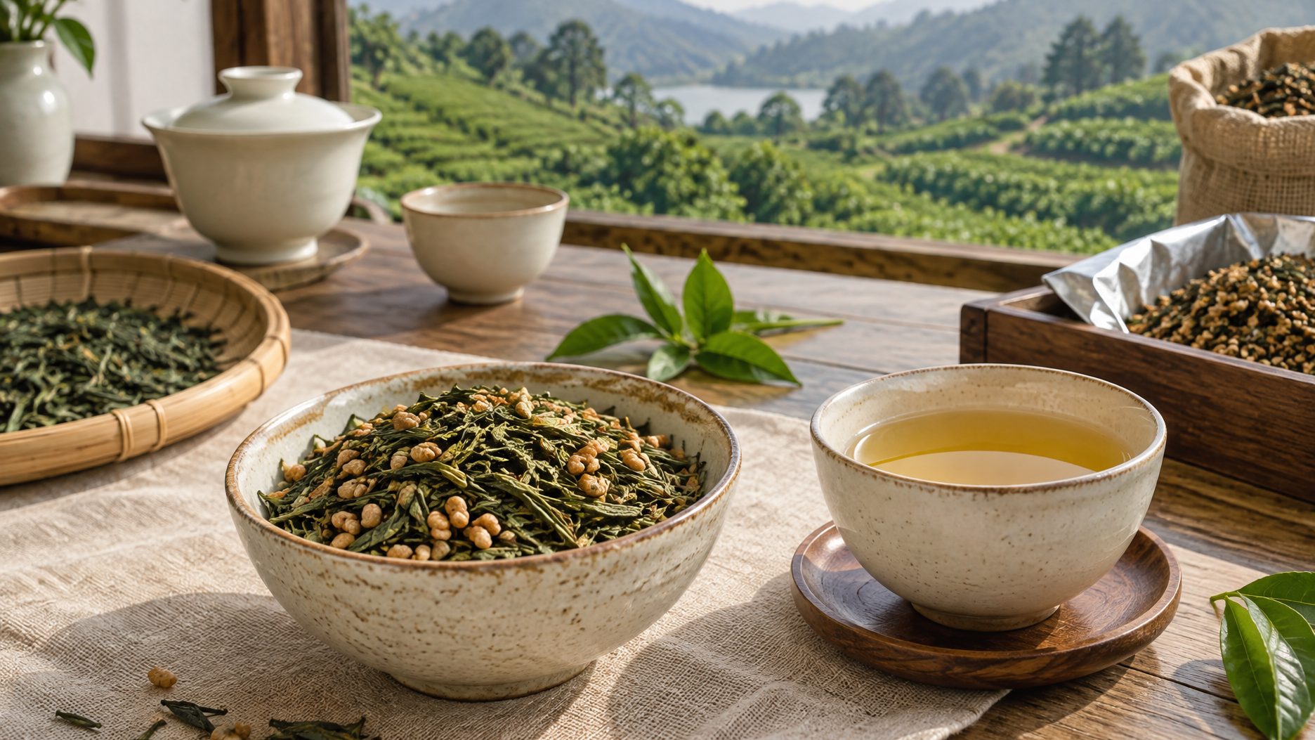 Genmaicha green tea with toasted rice grains in a glass teapot beside a filled cupping bowl