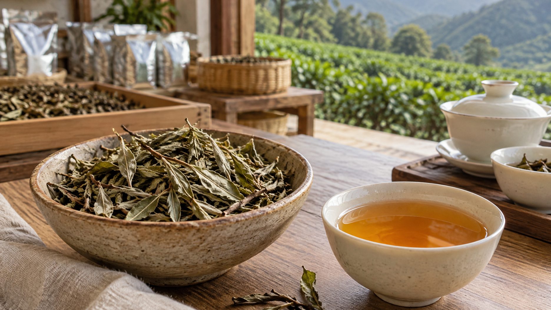 Gongmei white tea: gray-green dry leaves beside an orange-yellow cup on a tasting sheet