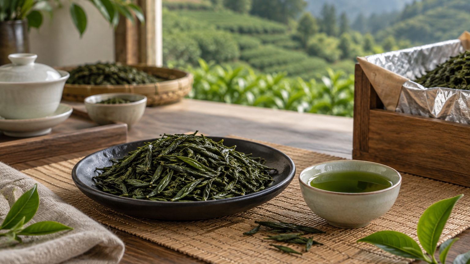Deep green needle leaf of shade-grown gyokuro green tea on a tasting sheet