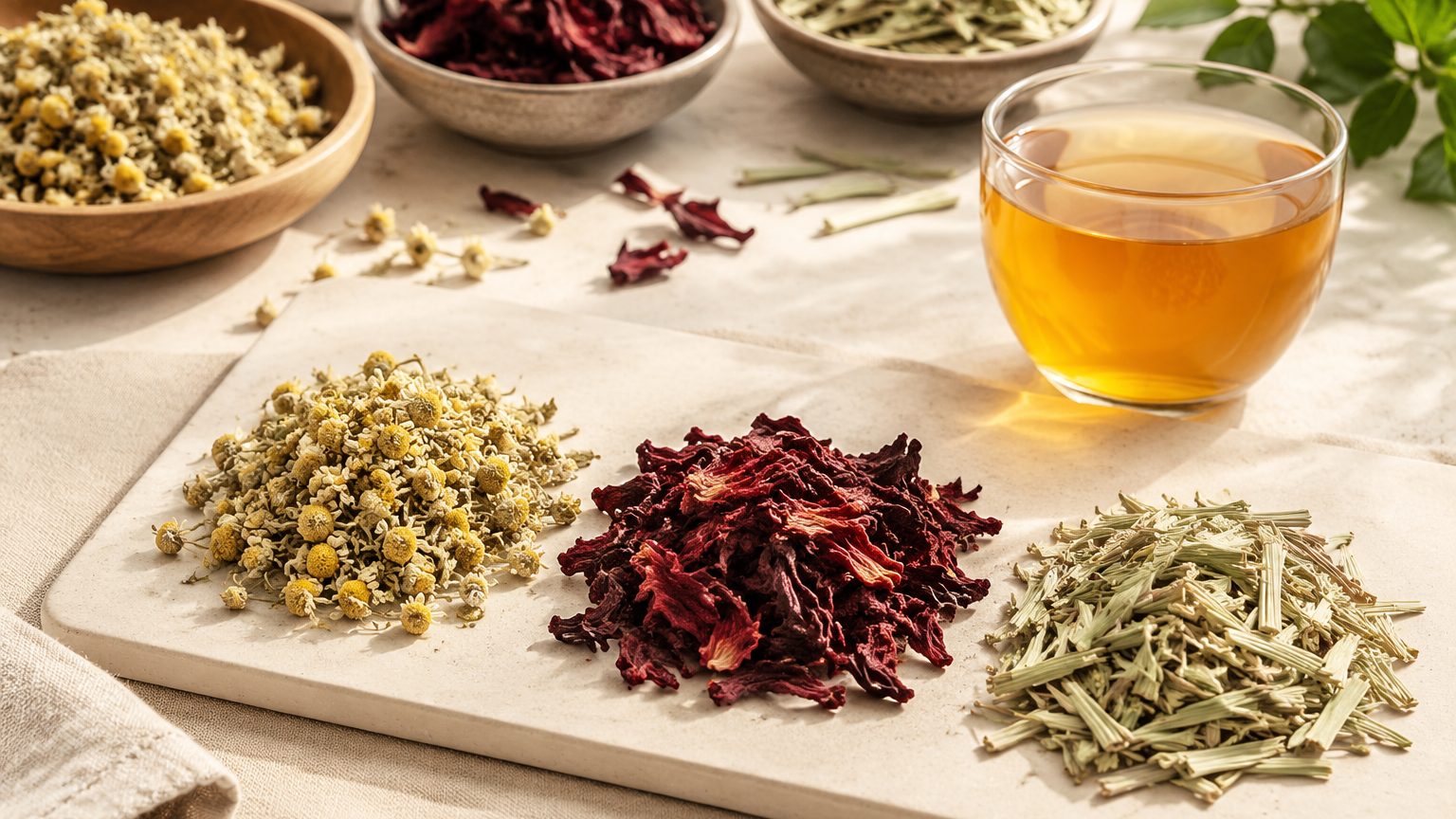Dried chamomile, hibiscus and lemongrass herbal tea ingredients in bowls with an amber infusion