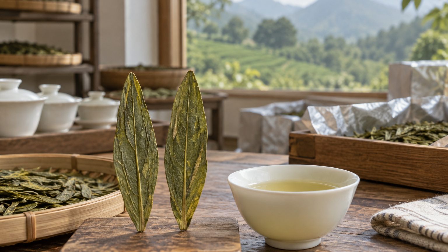 Flat broad pressed leaves of Taiping Houkui green tea on a tasting sheet