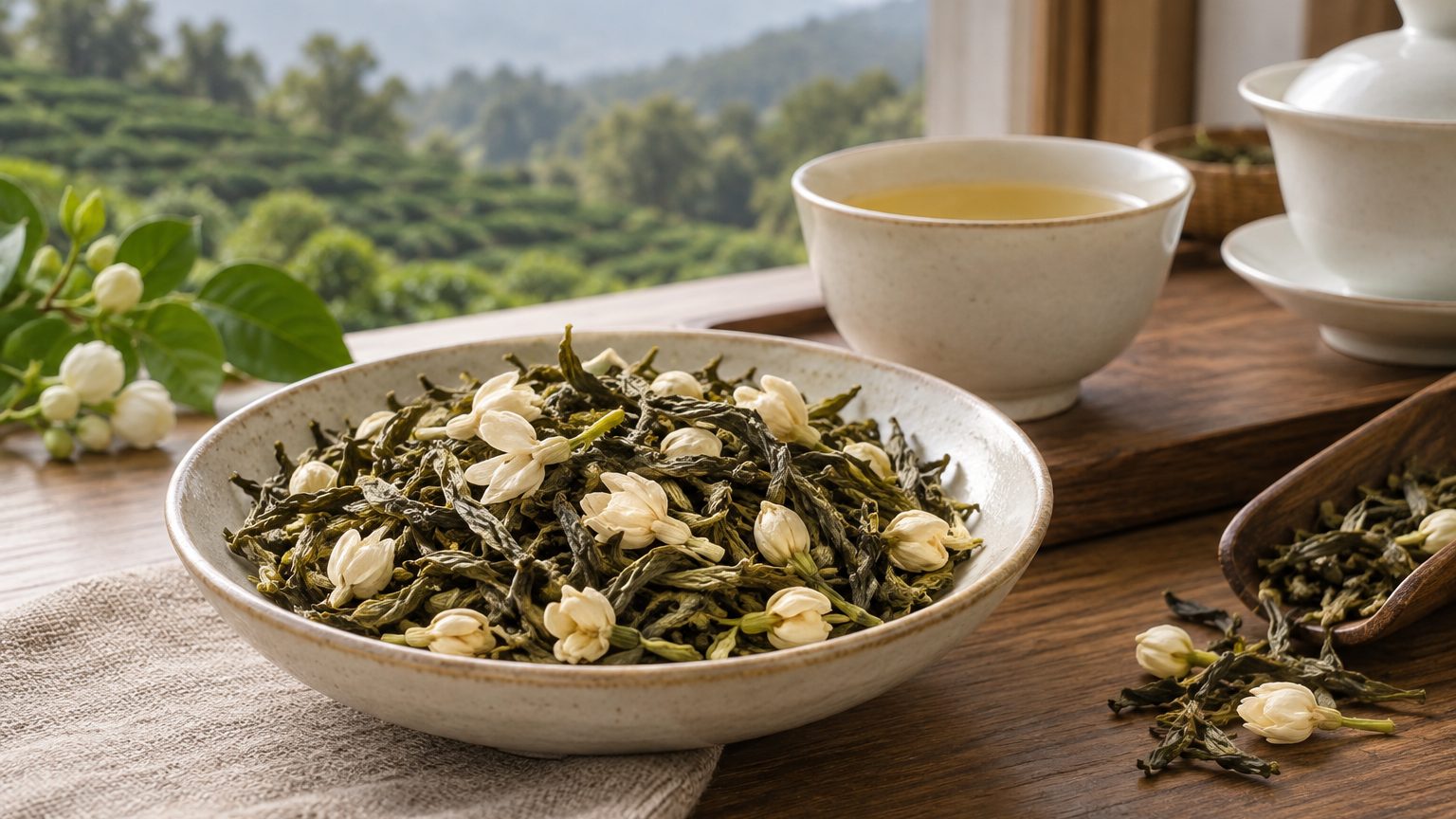Loose jasmine green tea with twisted dark leaf on a cupping sheet