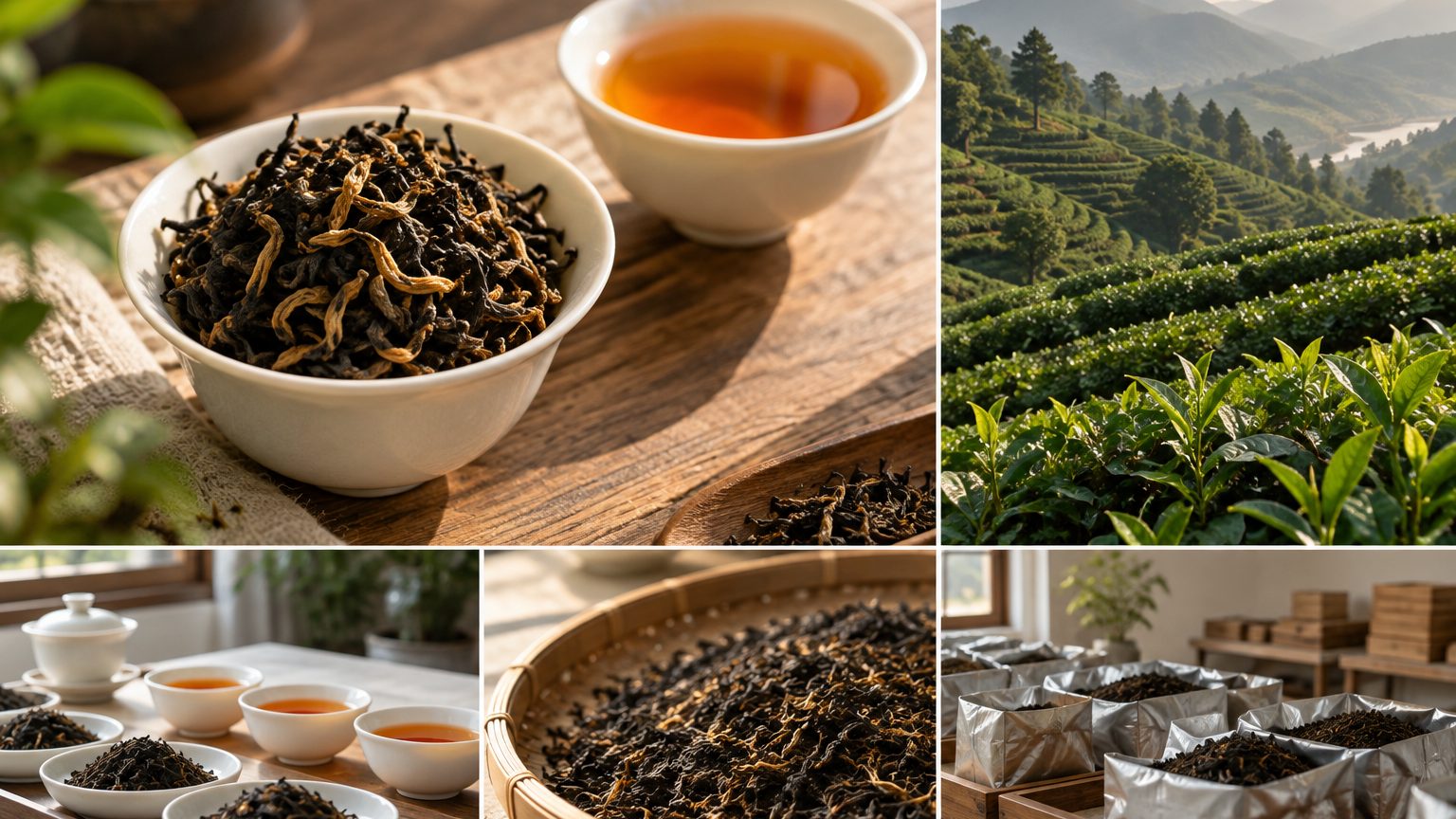 Jinjunmei bud-only black tea with golden tips and a bright golden liquor in a glass cup