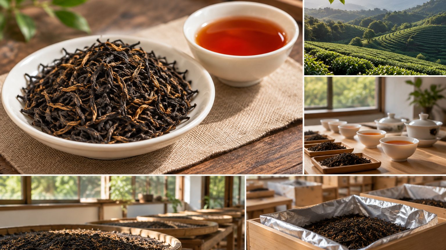 Slim twisted Keemun black tea strips with a bright red liquor in a porcelain cup on a wooden tray