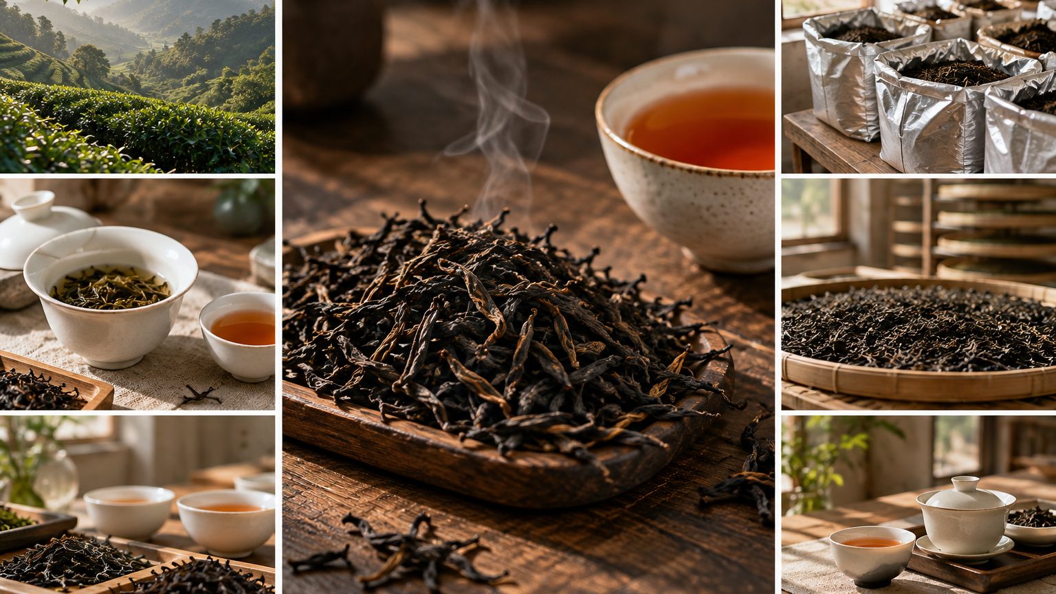 Lapsang Souchong black tea strips beside a red-orange liquor in tasting bowls