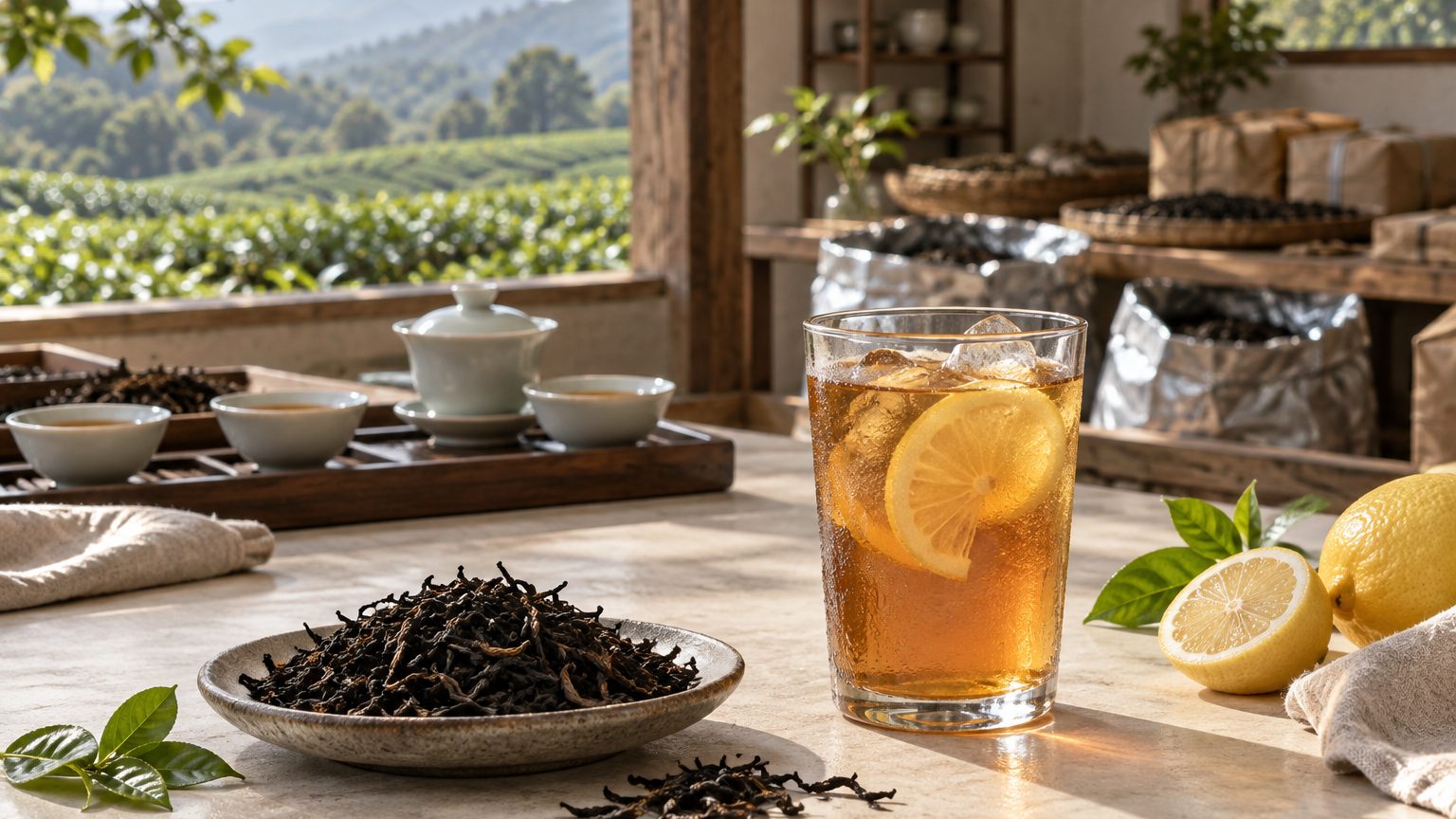 Lemon black tea blend with lemon peel flecks and a bright red liquor beside fresh lemon slices