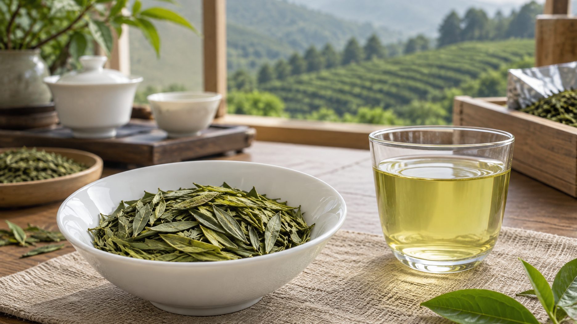 Flat spear-shaped leaves of pre-Ming Longjing green tea spread on a cupping tray