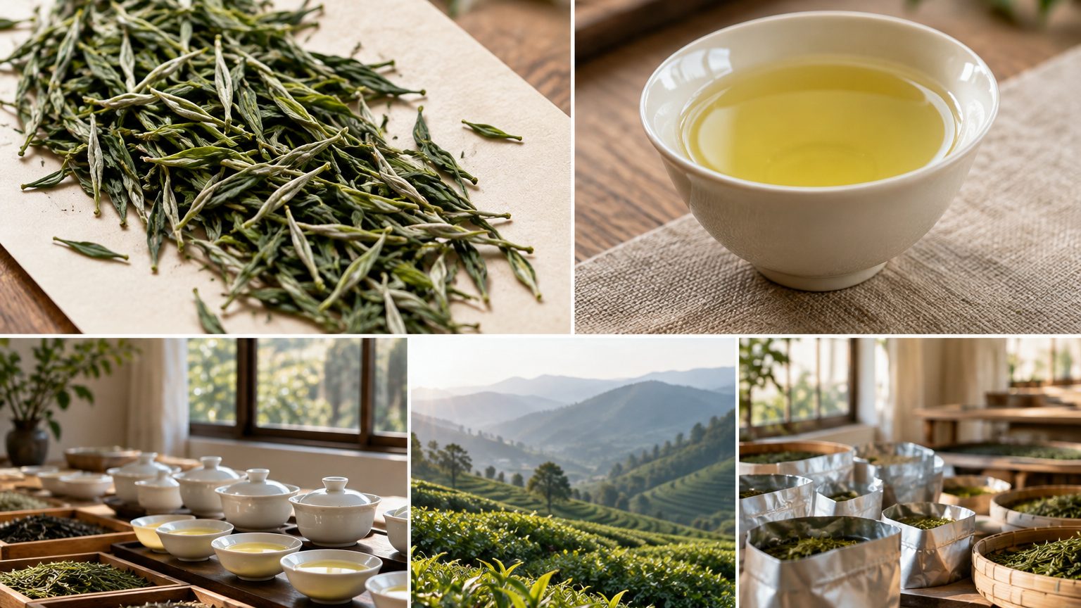 Loose curled strips of Huangshan Maofeng green tea with silvery buds