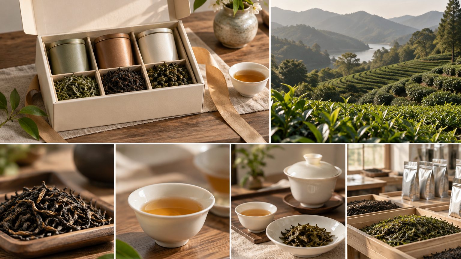 Organic tea gift box opened to show tins of certified tea leaf beside its certificate documents