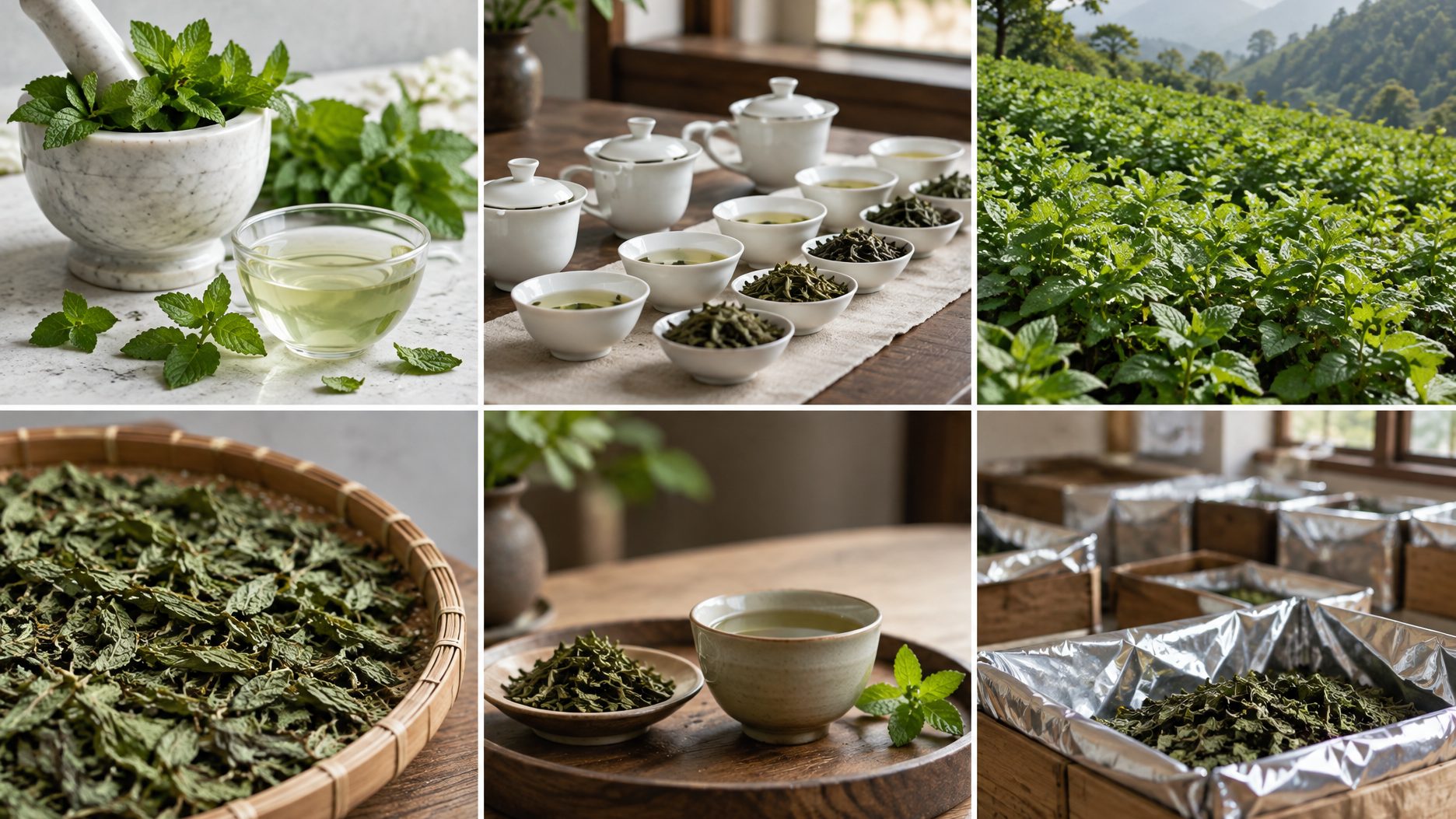 Dried peppermint tea leaf, cut and sifted, heaped in a white cupping bowl on a tasting bench