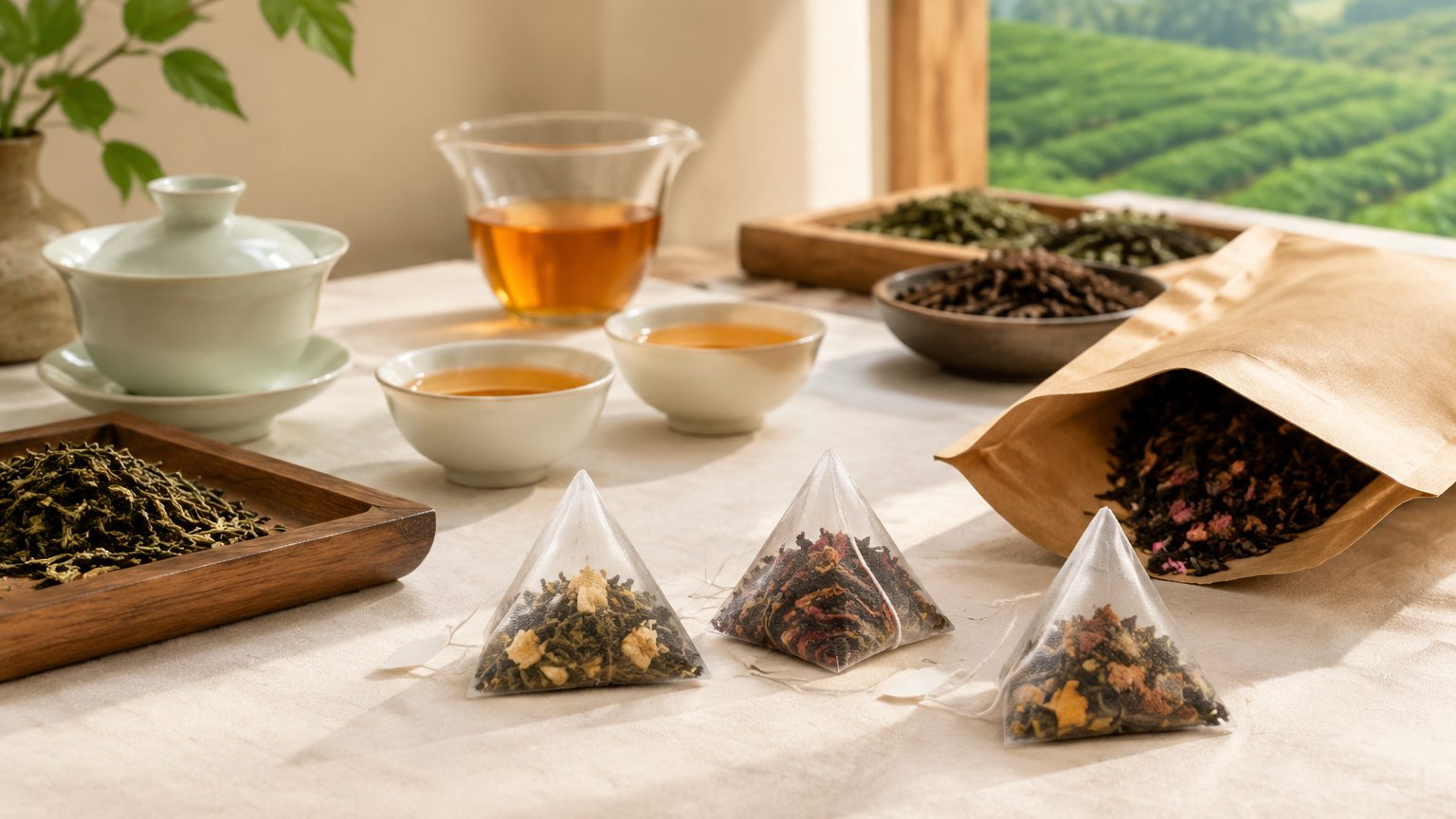 Filled pyramid tea bags with visible whole leaves beside an open retail pouch on a packing table